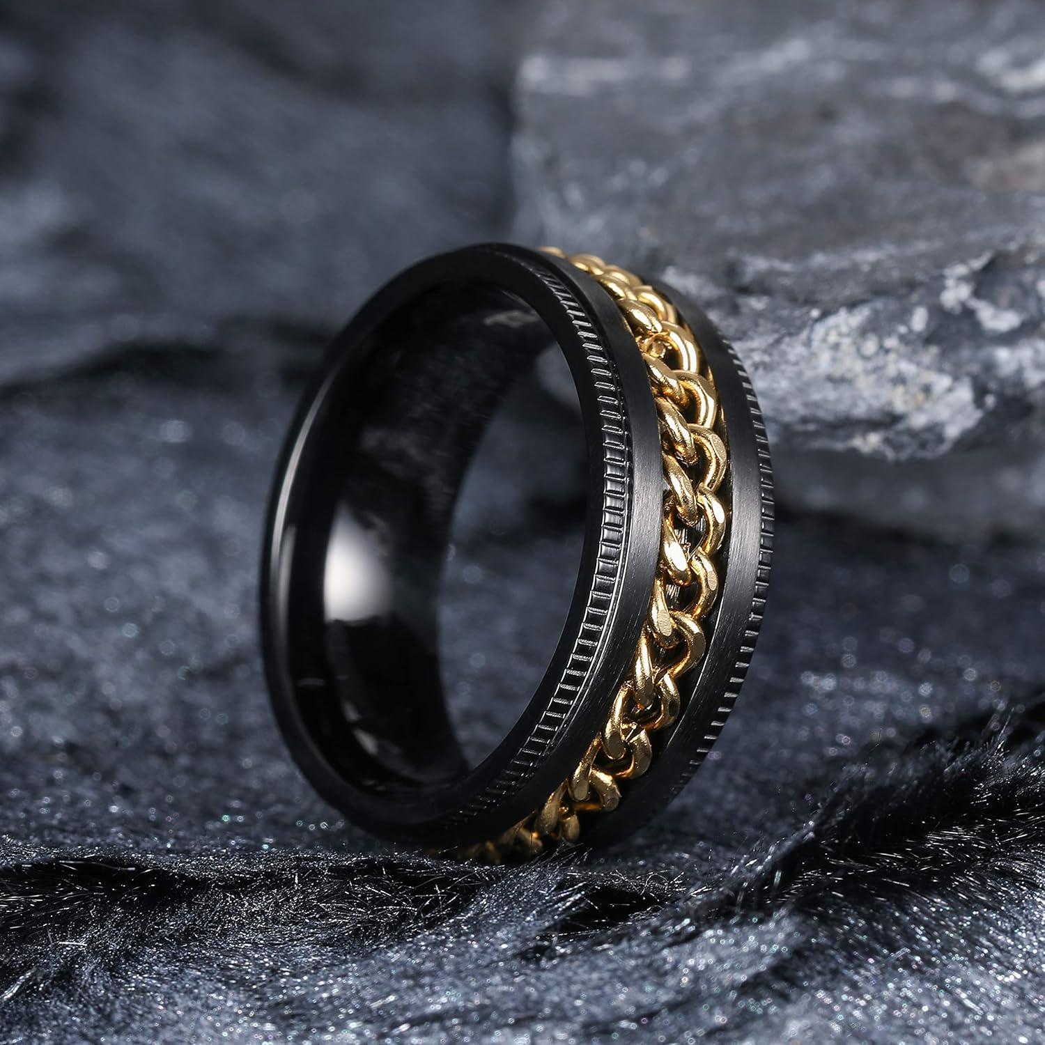 imageKing Will 316L Stainless Steel Fidget Ring for Men Women8mm Width with Stylish Chain Inlay Spinner Ring Stress Relief Durable Wedding Band Comfort Fit Size 416ABlackGold Plated