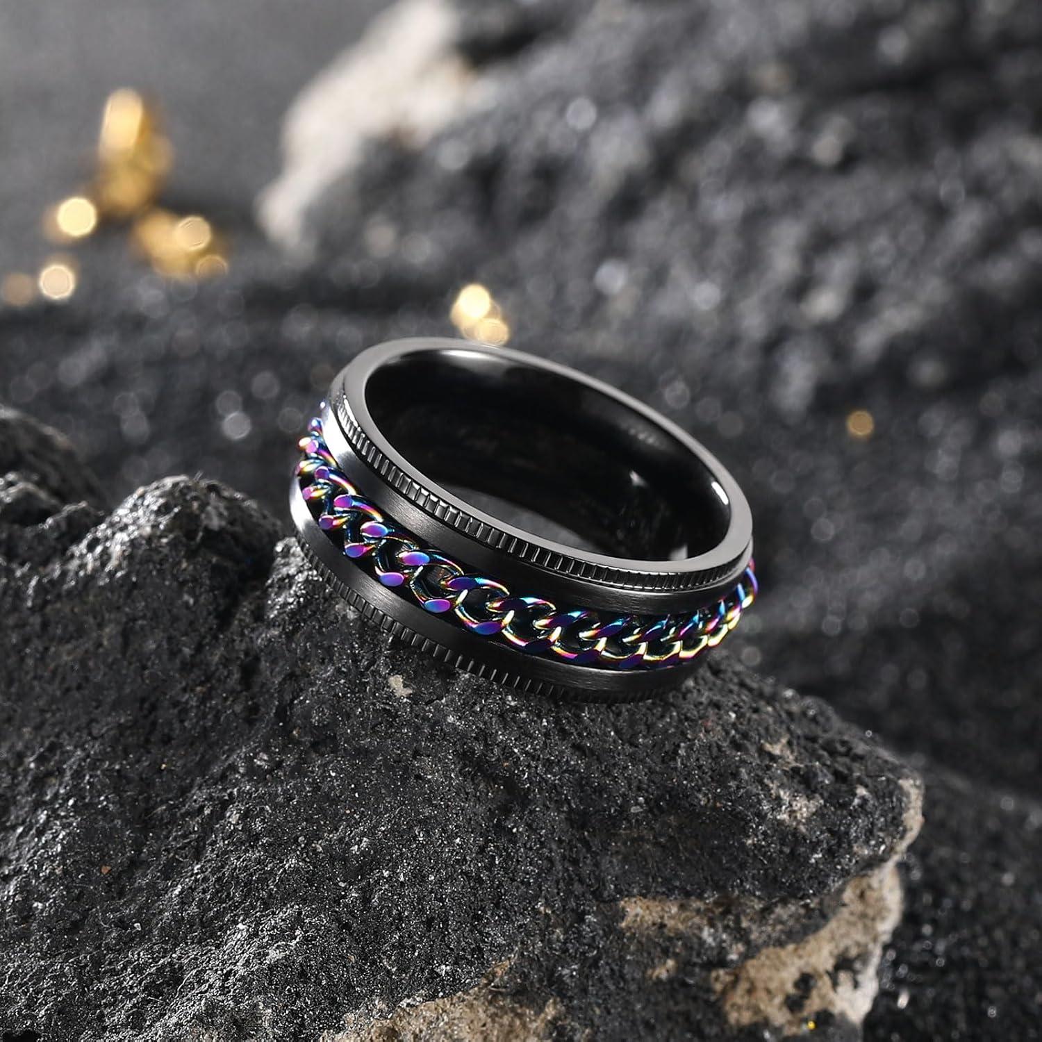 imageKing Will 316L Stainless Steel Fidget Ring for Men Women8mm Width with Stylish Chain Inlay Spinner Ring Stress Relief Durable Wedding Band Comfort Fit Size 416ABlackRainbow