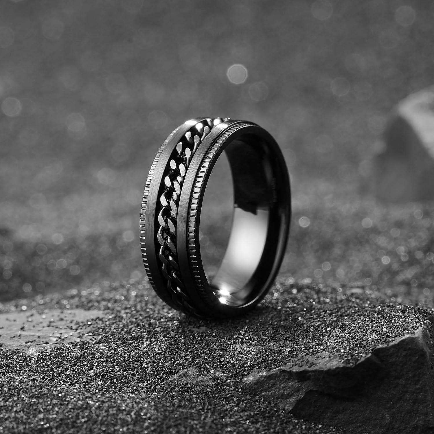 imageKing Will 316L Stainless Steel Fidget Ring for Men Women8mm Width with Stylish Chain Inlay Spinner Ring Stress Relief Durable Wedding Band Comfort Fit Size 416ABlack