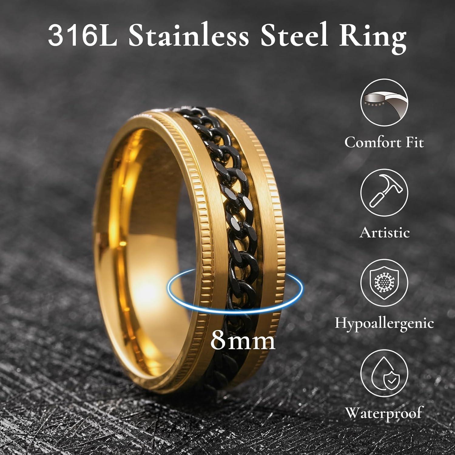 imageKing Will 316L Stainless Steel Fidget Ring for Men Women8mm Width with Stylish Chain Inlay Spinner Ring Stress Relief Durable Wedding Band Comfort Fit Size 416AGold PlatedBlack