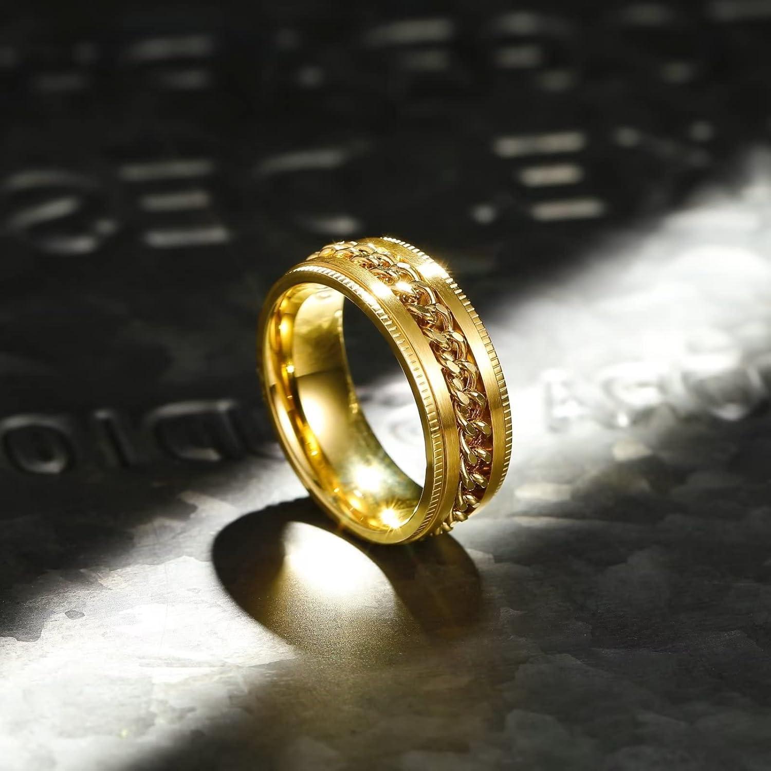 imageKing Will 316L Stainless Steel Fidget Ring for Men Women8mm Width with Stylish Chain Inlay Spinner Ring Stress Relief Durable Wedding Band Comfort Fit Size 416AGold Plated