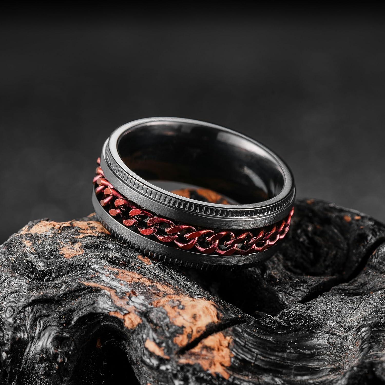 imageKing Will 316L Stainless Steel Fidget Ring for Men Women8mm Width with Stylish Chain Inlay Spinner Ring Stress Relief Durable Wedding Band Comfort Fit Size 416ABlackRed