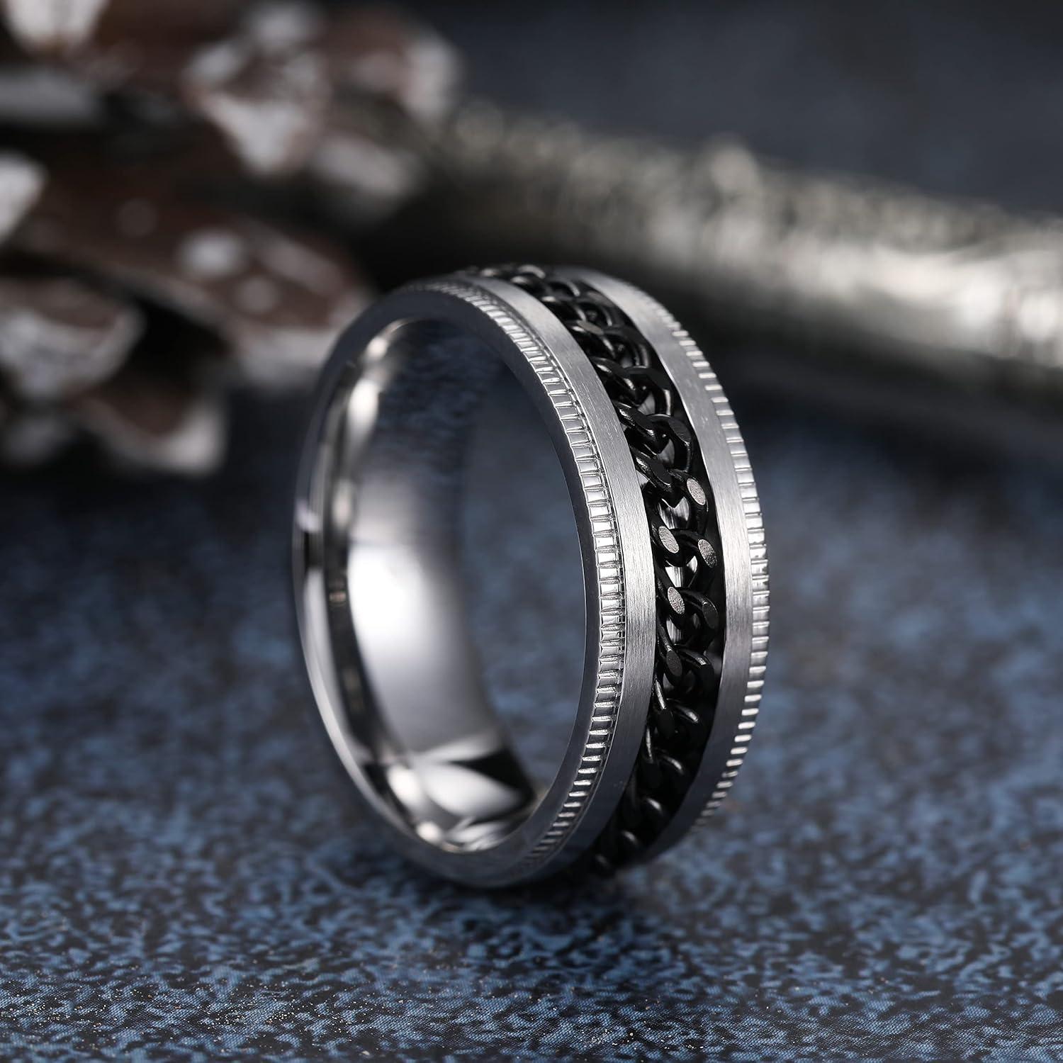 imageKing Will 316L Stainless Steel Fidget Ring for Men Women8mm Width with Stylish Chain Inlay Spinner Ring Stress Relief Durable Wedding Band Comfort Fit Size 416ASilver PlatedBlack