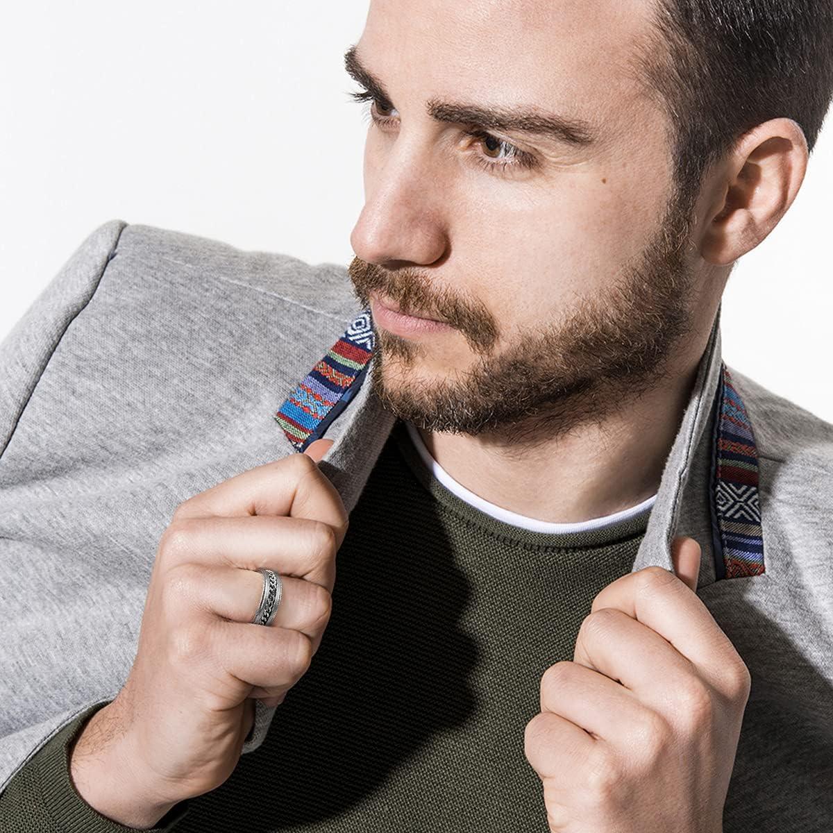 imageKing Will 316L Stainless Steel Fidget Ring for Men Women8mm Width with Stylish Chain Inlay Spinner Ring Stress Relief Durable Wedding Band Comfort Fit Size 416ASilver Plated