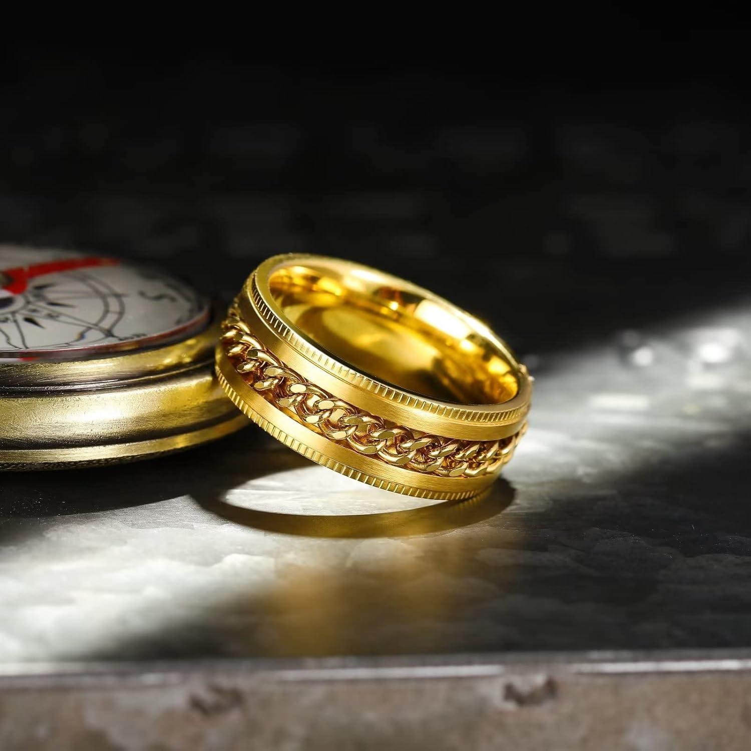 imageKing Will 316L Stainless Steel Fidget Ring for Men Women8mm Width with Stylish Chain Inlay Spinner Ring Stress Relief Durable Wedding Band Comfort Fit Size 416AGold Plated