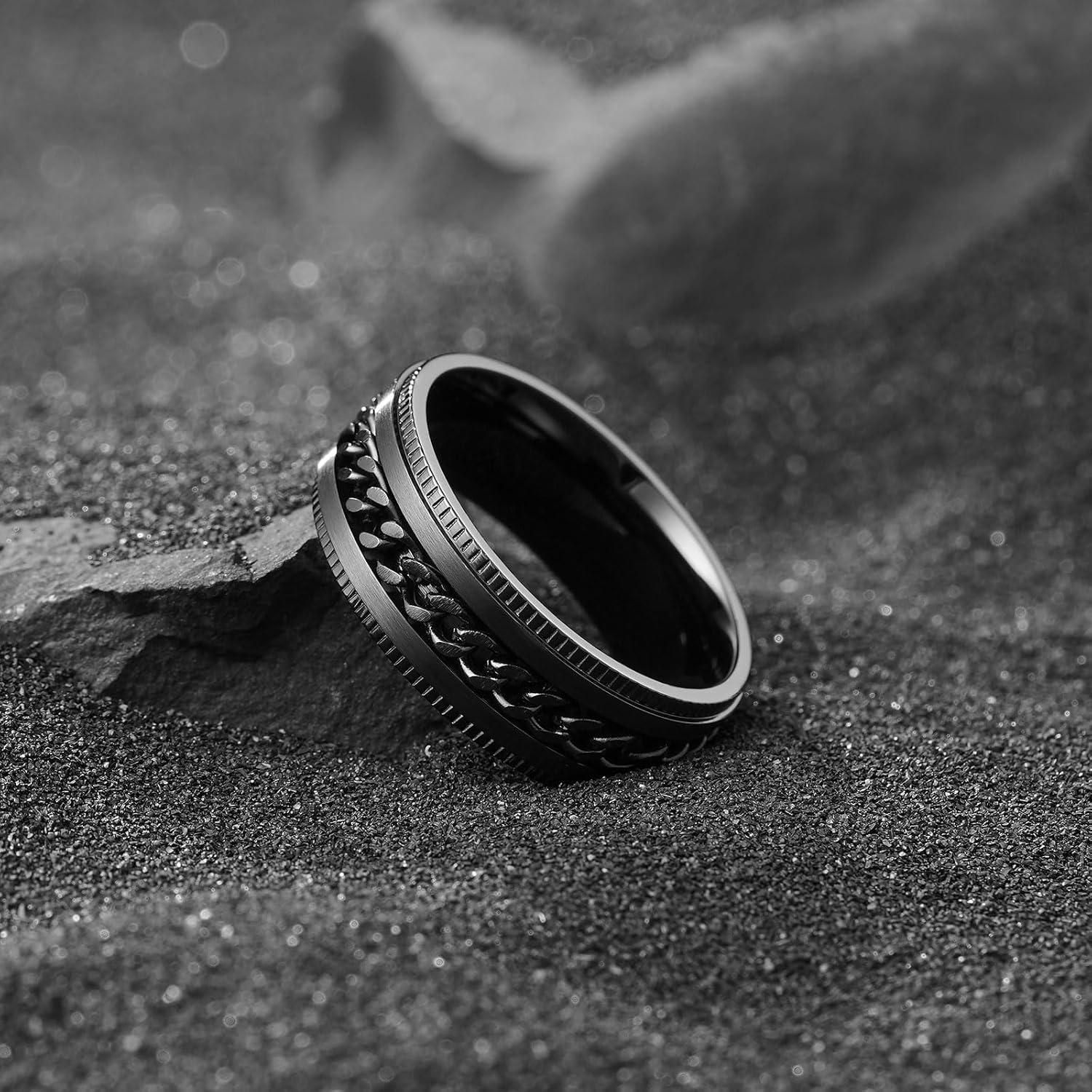 imageKing Will 316L Stainless Steel Fidget Ring for Men Women8mm Width with Stylish Chain Inlay Spinner Ring Stress Relief Durable Wedding Band Comfort Fit Size 416ABlack