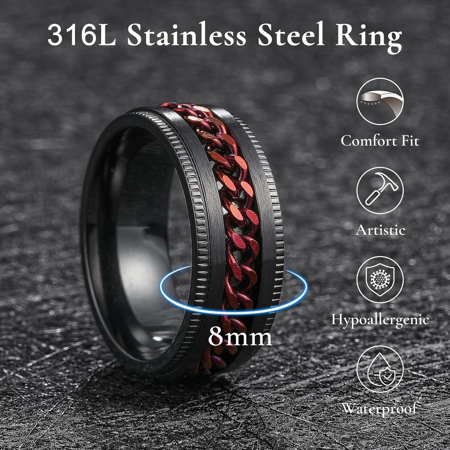 imageKing Will 316L Stainless Steel Fidget Ring for Men Women8mm Width with Stylish Chain Inlay Spinner Ring Stress Relief Durable Wedding Band Comfort Fit Size 416ABlackRed