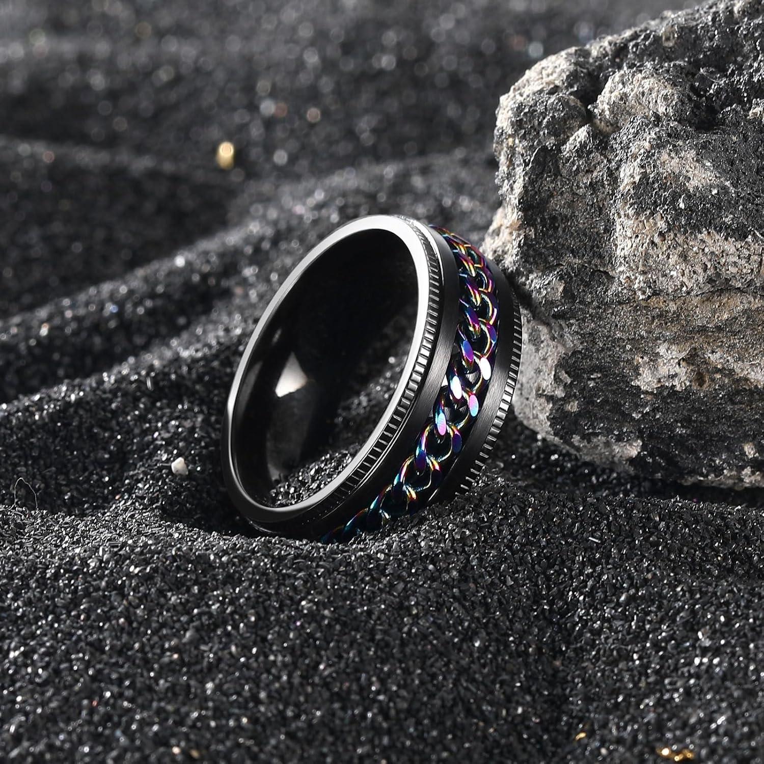 imageKing Will 316L Stainless Steel Fidget Ring for Men Women8mm Width with Stylish Chain Inlay Spinner Ring Stress Relief Durable Wedding Band Comfort Fit Size 416ABlackRainbow