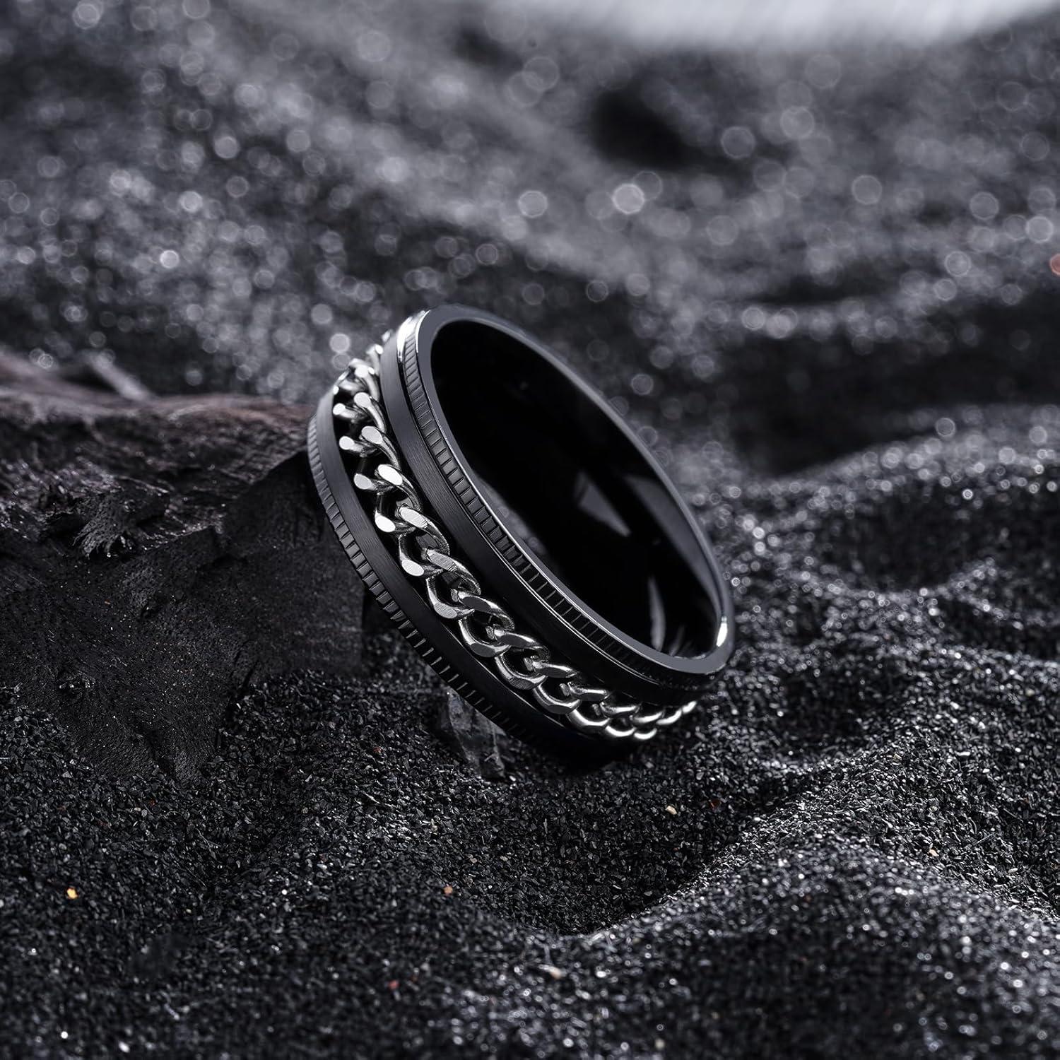 imageKing Will 316L Stainless Steel Fidget Ring for Men Women8mm Width with Stylish Chain Inlay Spinner Ring Stress Relief Durable Wedding Band Comfort Fit Size 416ABlackSliver Plated