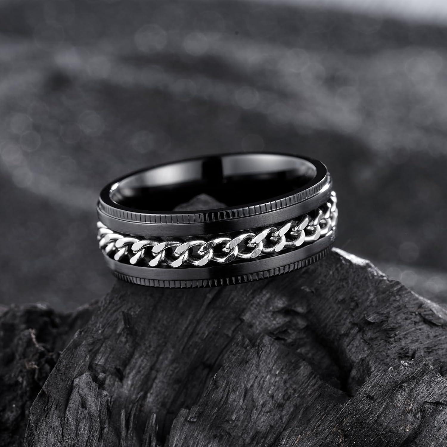 imageKing Will 316L Stainless Steel Fidget Ring for Men Women8mm Width with Stylish Chain Inlay Spinner Ring Stress Relief Durable Wedding Band Comfort Fit Size 416ABlackSliver Plated