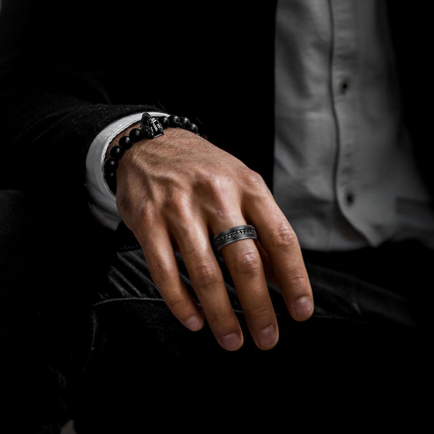 imageKing Will 316L Stainless Steel Fidget Ring for Men Women8mm Width with Stylish Chain Inlay Spinner Ring Stress Relief Durable Wedding Band Comfort Fit Size 416ABlack