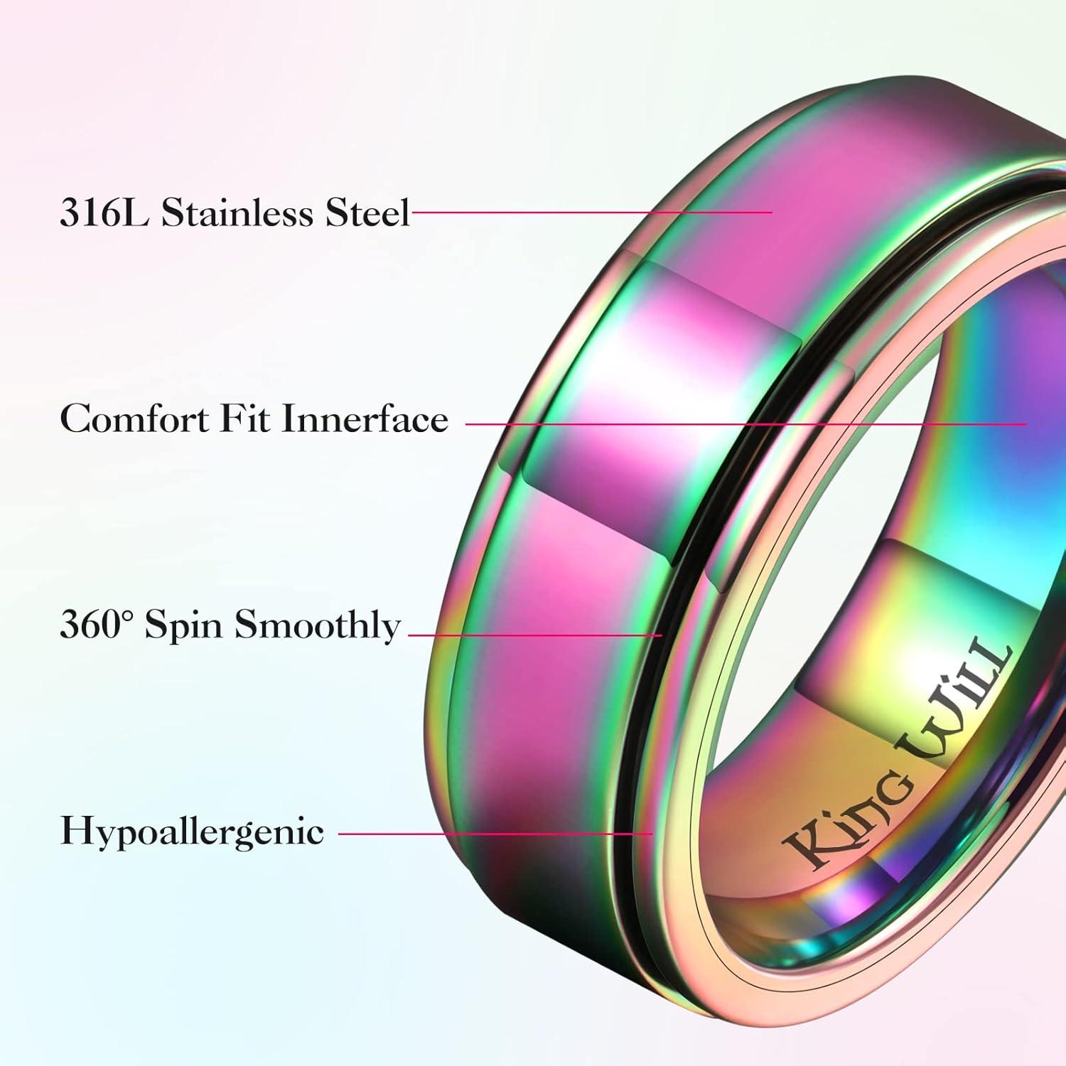 imageKing Will 316L Stainless Steel Spinner Ring for Men Women8mm BlackSilverGold Stress Anxiety Relief Fidget Ring Multiple Styles Wedding Band Comfort Fit Size 416CPolished Rainbow