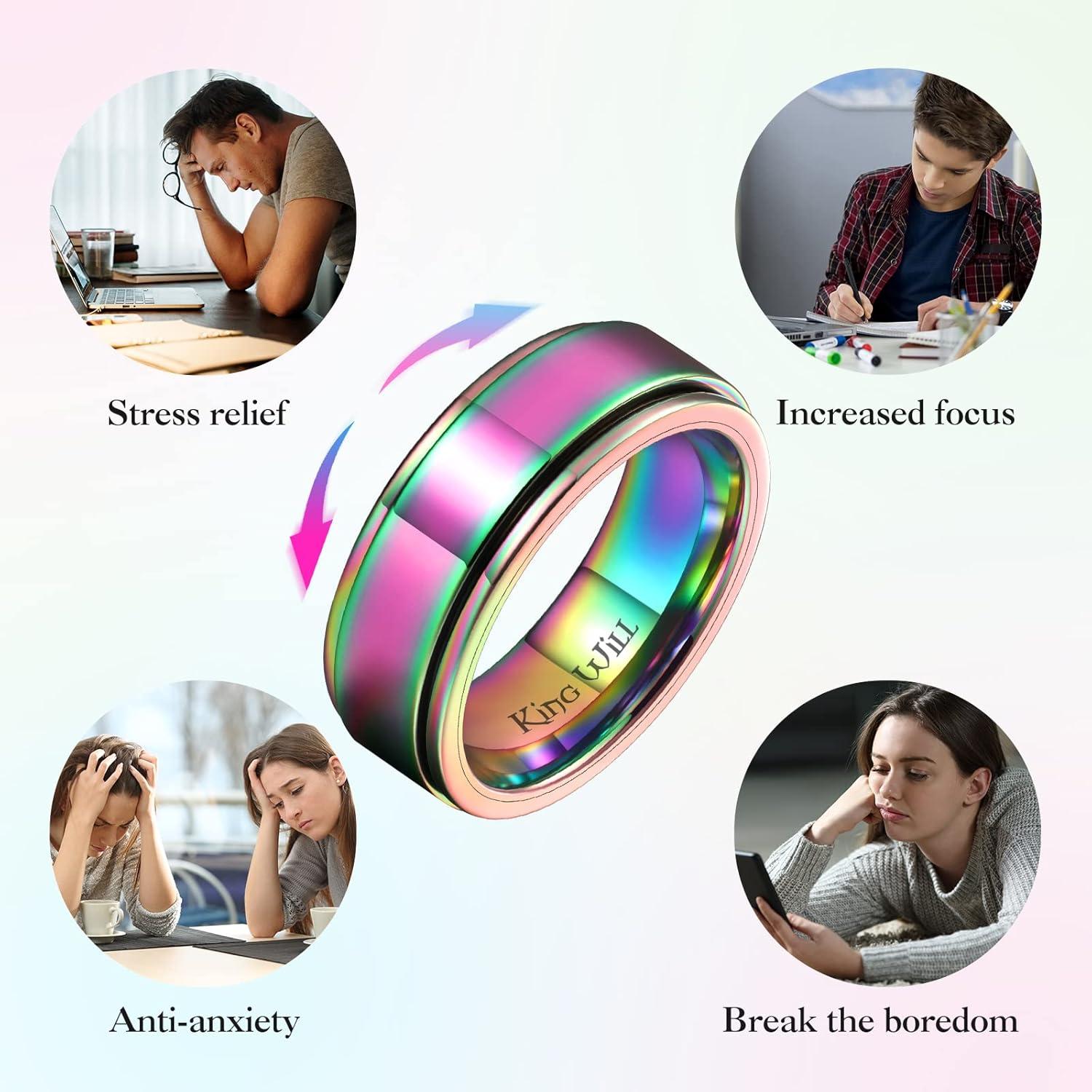 imageKing Will 316L Stainless Steel Spinner Ring for Men Women8mm BlackSilverGold Stress Anxiety Relief Fidget Ring Multiple Styles Wedding Band Comfort Fit Size 416CPolished Rainbow