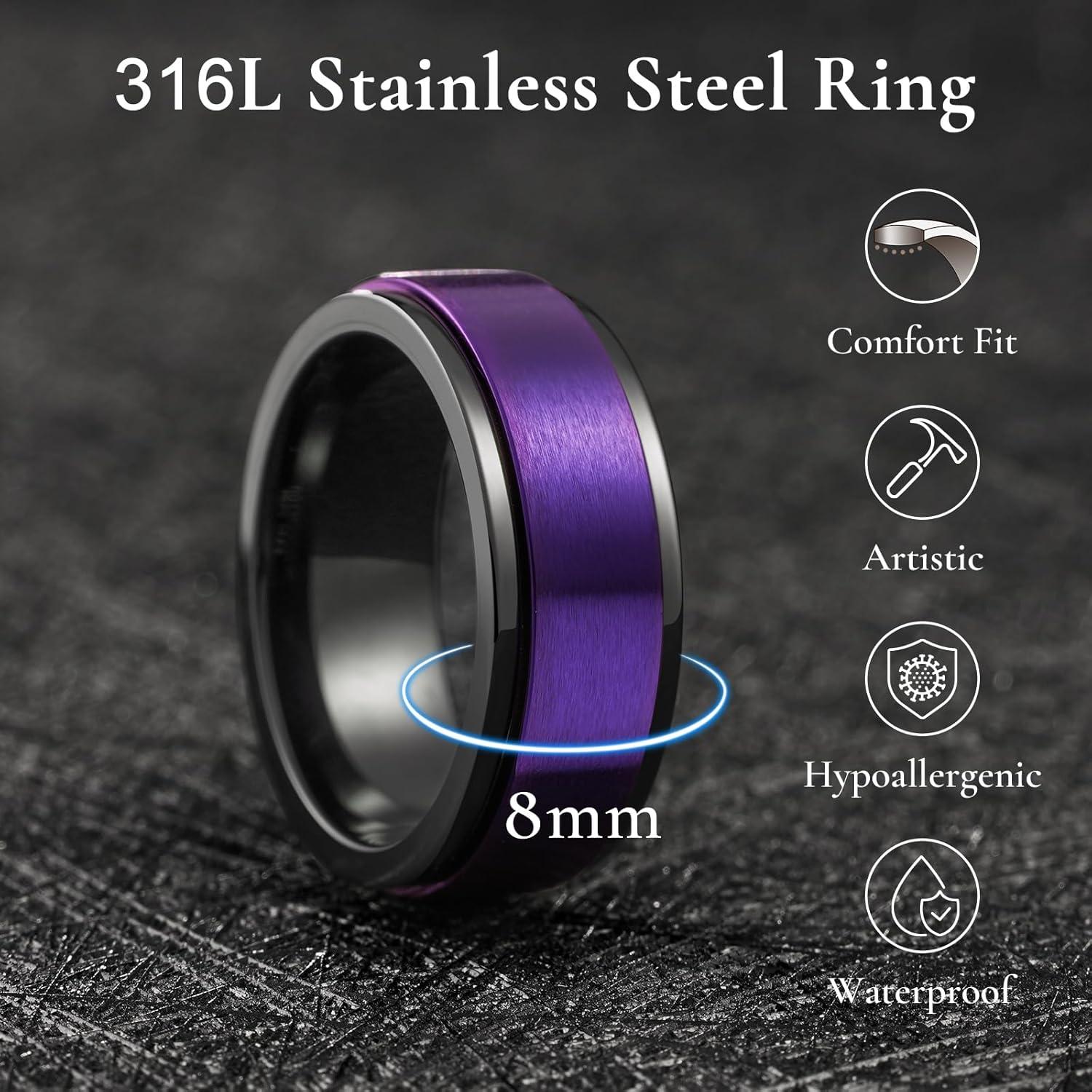imageKing Will 316L Stainless Steel Spinner Ring for Men Women8mm BlackSilverGold Stress Anxiety Relief Fidget Ring Multiple Styles Wedding Band Comfort Fit Size 416AMatte Black Purple