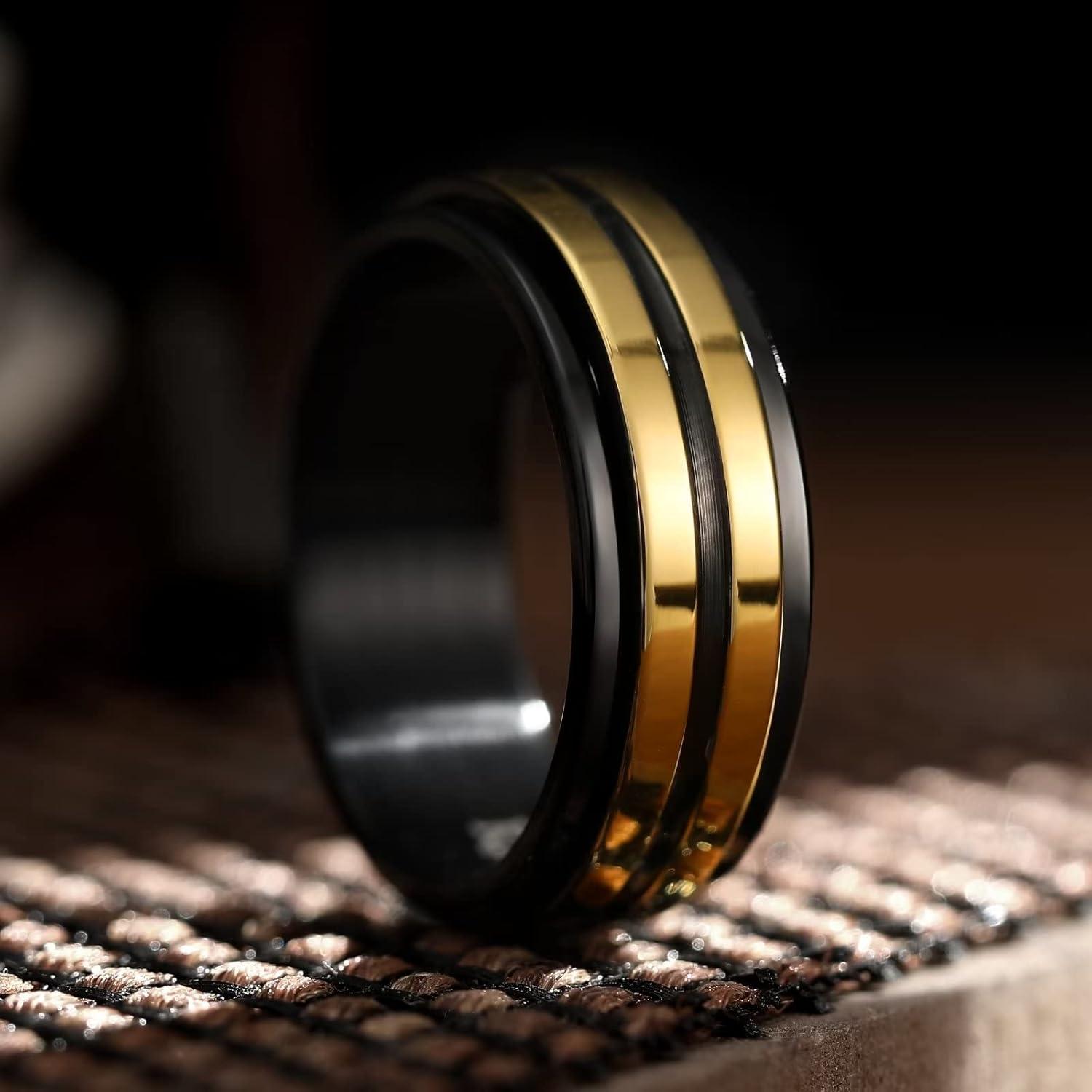 imageKing Will 316L Stainless Steel Spinner Ring for Men Women8mm BlackSilverGold Stress Anxiety Relief Fidget Ring Multiple Styles Wedding Band Comfort Fit Size 416DGroovedTwo Gold line