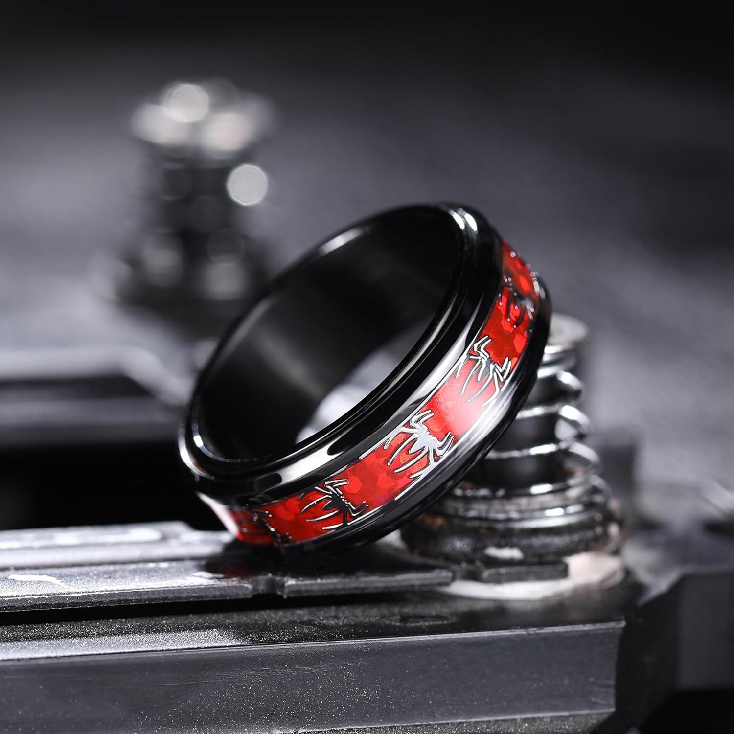 imageKing Will 316L Stainless Steel Spinner Ring for Men Women8mm Wedding Band wirh Red SkullSpider Pattern in BlackSliver Plated Comfort Fit Spinner Fidget Wedding Ring Size 714Spider Red 8mm