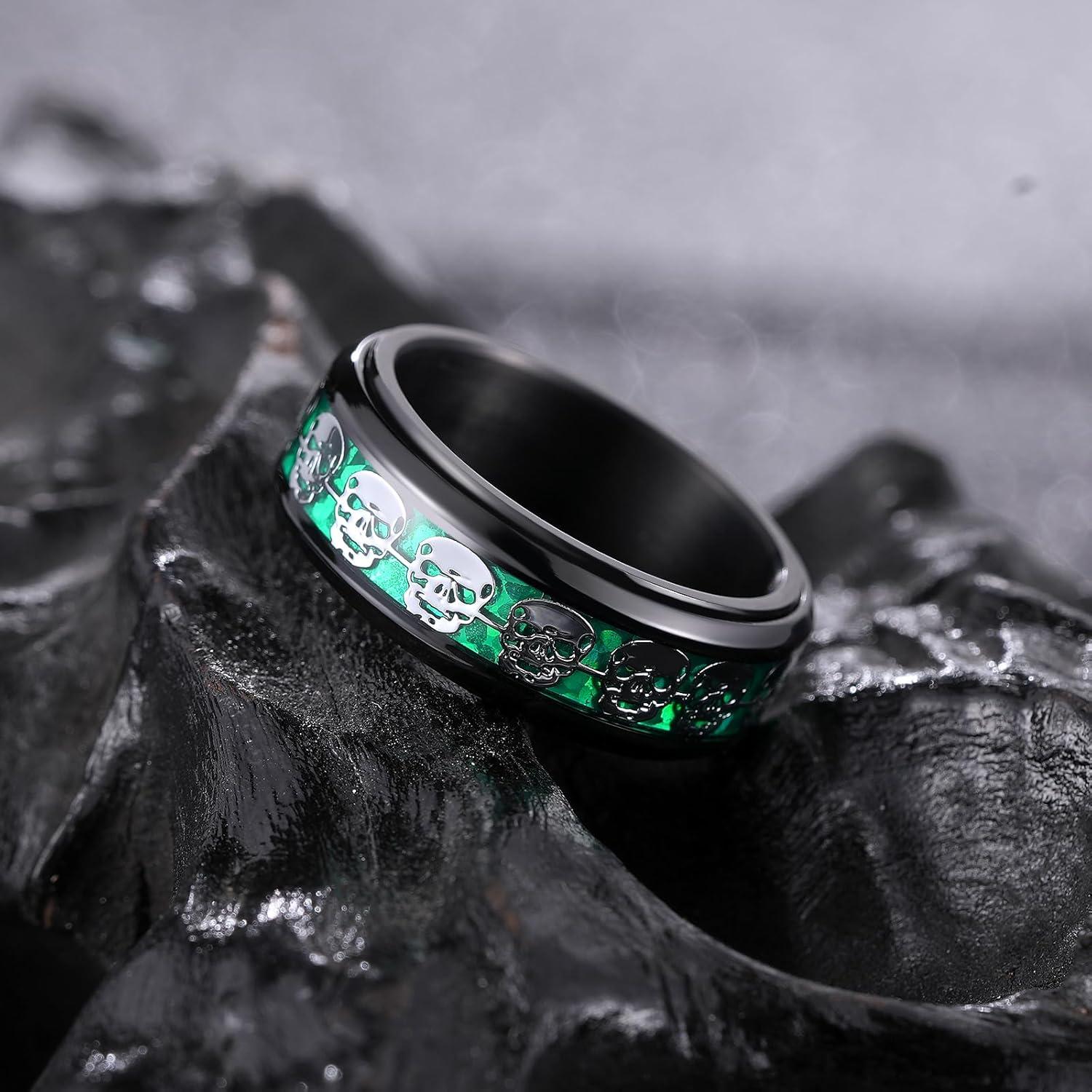 imageKing Will 316L Stainless Steel Spinner Ring for Men Women8mm Wedding Band wirh Red SkullSpider Pattern in BlackSliver Plated Comfort Fit Spinner Fidget Wedding Ring Size 714greenskull