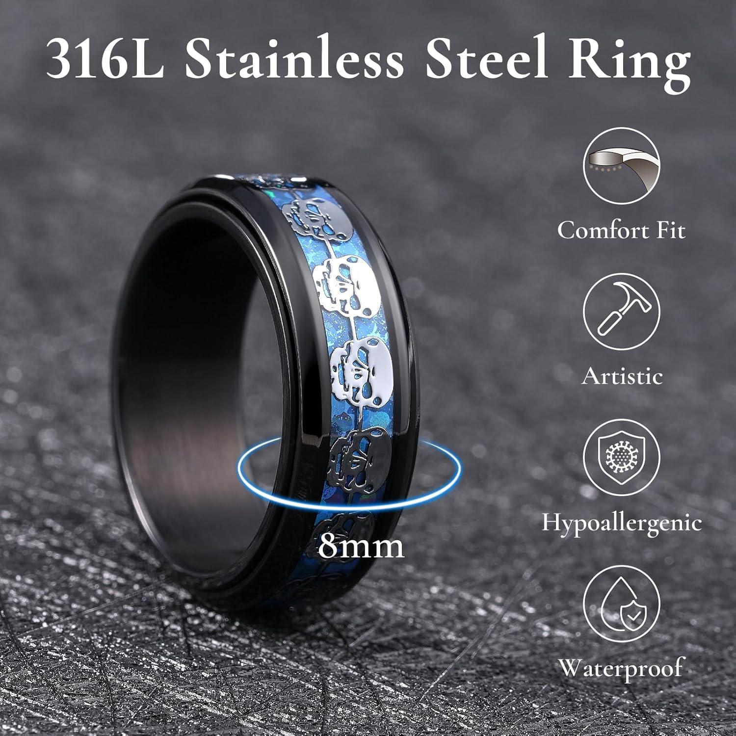 imageKing Will 316L Stainless Steel Spinner Ring for Men Women8mm Wedding Band wirh Red SkullSpider Pattern in BlackSliver Plated Comfort Fit Spinner Fidget Wedding Ring Size 714blueskull