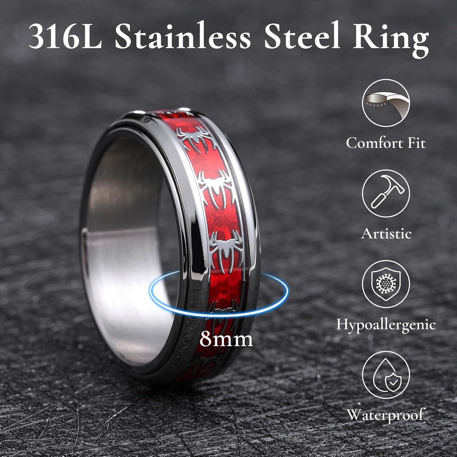 imageKing Will 316L Stainless Steel Spinner Ring for Men Women8mm Wedding Band wirh Red SkullSpider Pattern in BlackSliver Plated Comfort Fit Spinner Fidget Wedding Ring Size 714steelred