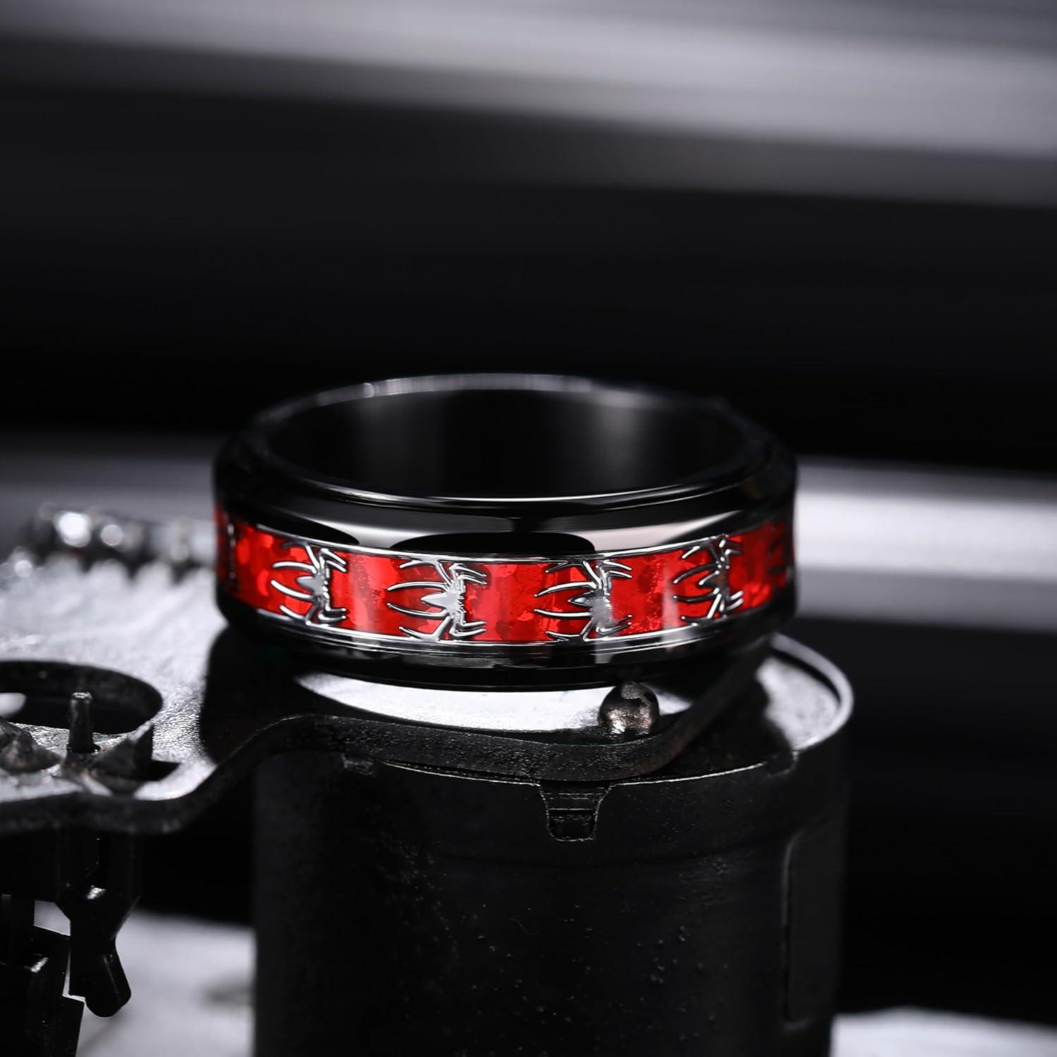 imageKing Will 316L Stainless Steel Spinner Ring for Men Women8mm Wedding Band wirh Red SkullSpider Pattern in BlackSliver Plated Comfort Fit Spinner Fidget Wedding Ring Size 714Spider Red 8mm