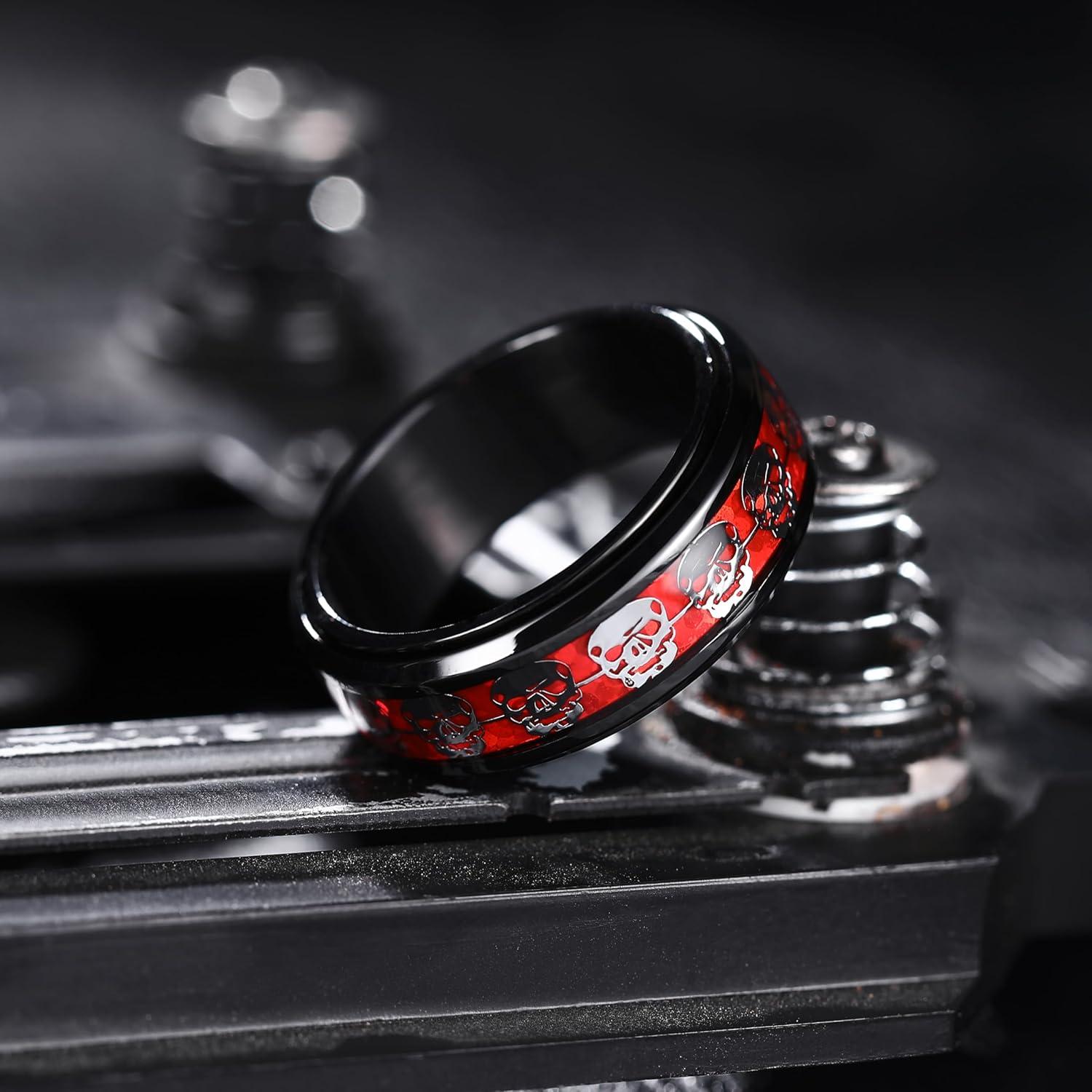 imageKing Will 316L Stainless Steel Spinner Ring for Men Women8mm Wedding Band wirh Red SkullSpider Pattern in BlackSliver Plated Comfort Fit Spinner Fidget Wedding Ring Size 714Skull Red 8mm