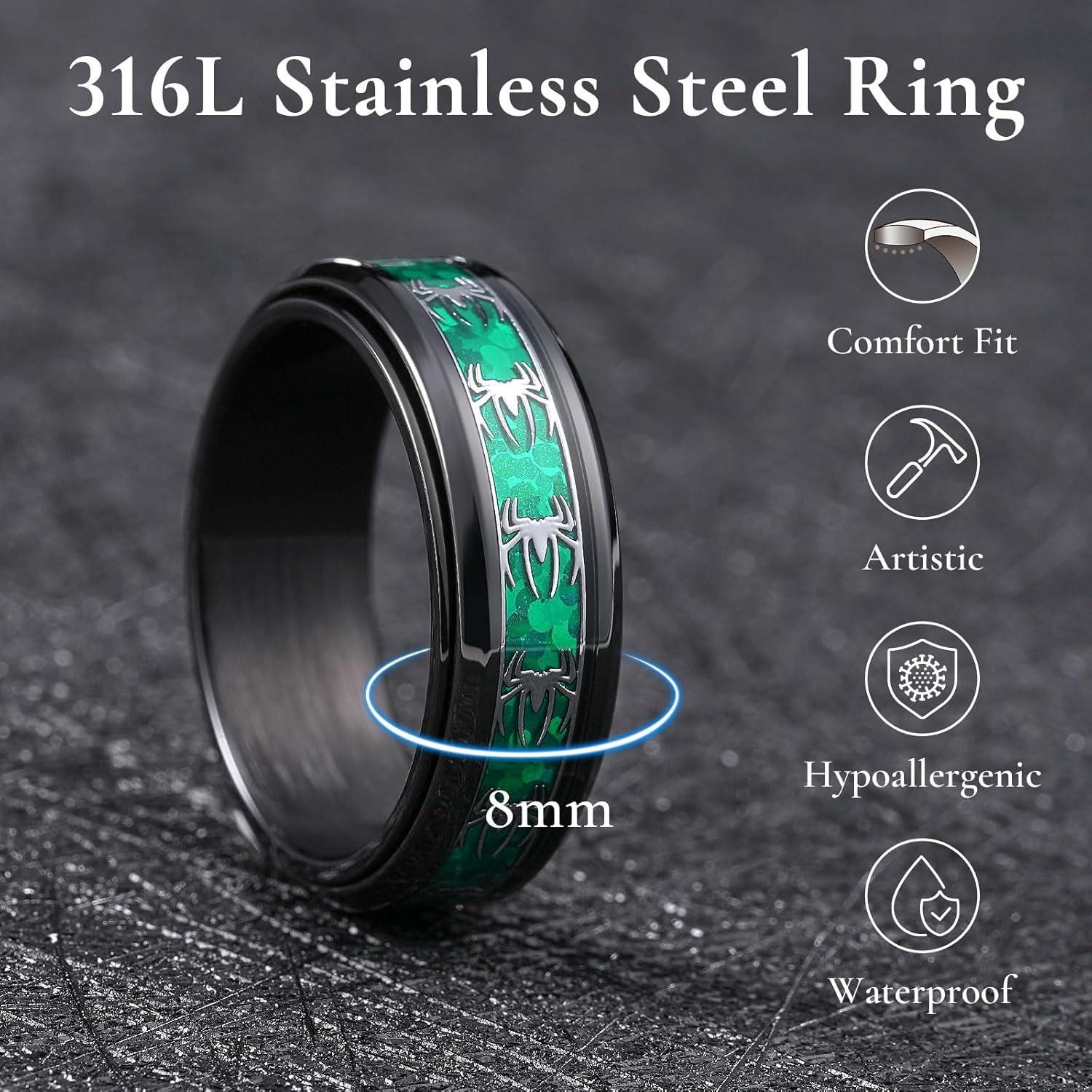 imageKing Will 316L Stainless Steel Spinner Ring for Men Women8mm Wedding Band wirh Red SkullSpider Pattern in BlackSliver Plated Comfort Fit Spinner Fidget Wedding Ring Size 714blackgreen