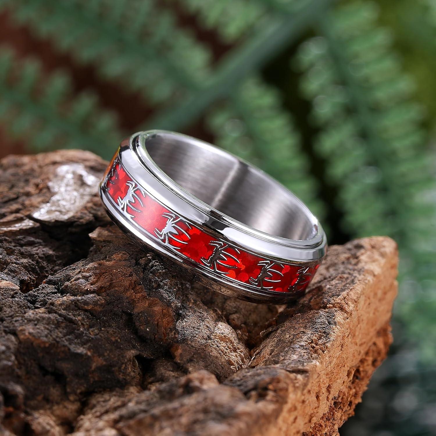 imageKing Will 316L Stainless Steel Spinner Ring for Men Women8mm Wedding Band wirh Red SkullSpider Pattern in BlackSliver Plated Comfort Fit Spinner Fidget Wedding Ring Size 714steelred