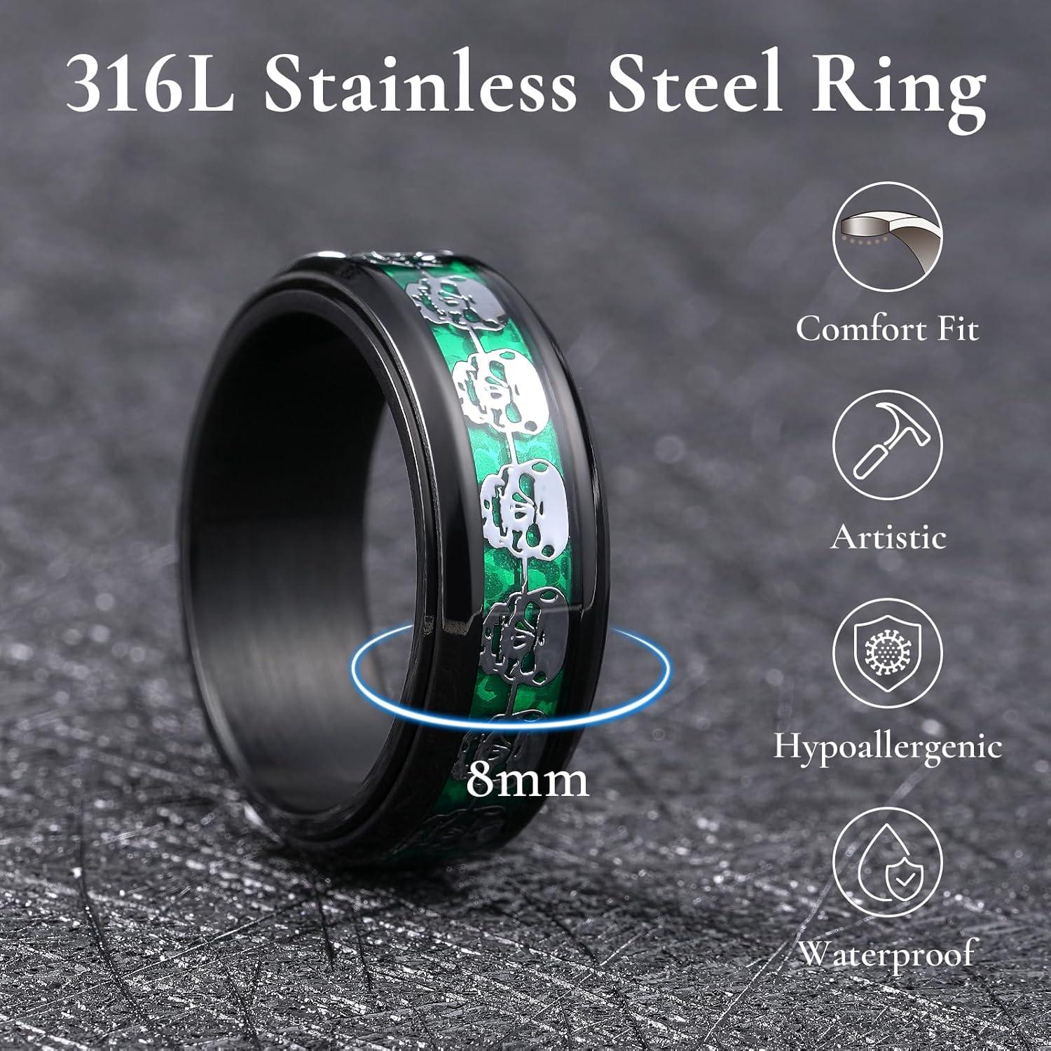 imageKing Will 316L Stainless Steel Spinner Ring for Men Women8mm Wedding Band wirh Red SkullSpider Pattern in BlackSliver Plated Comfort Fit Spinner Fidget Wedding Ring Size 714greenskull