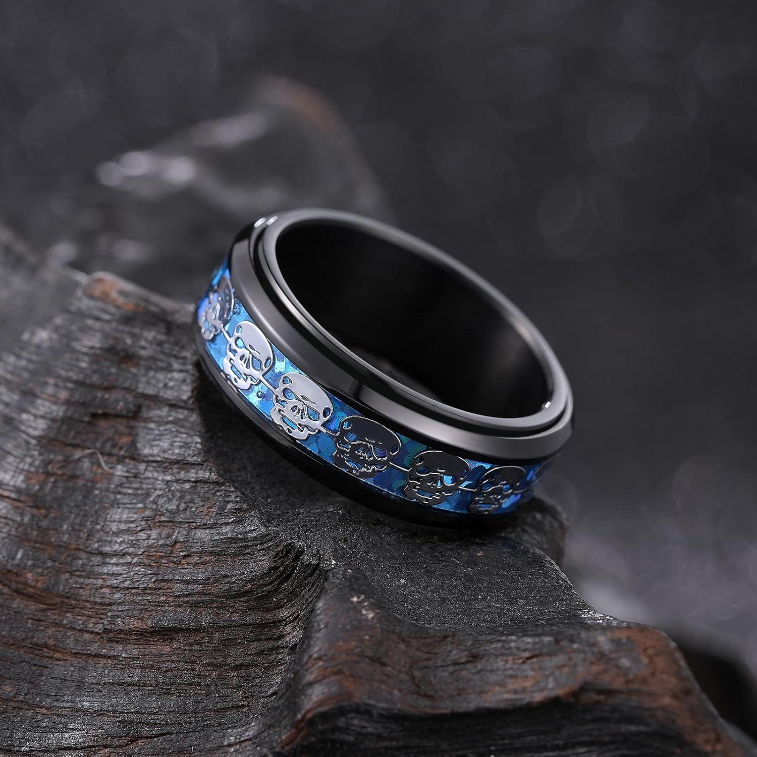 imageKing Will 316L Stainless Steel Spinner Ring for Men Women8mm Wedding Band wirh Red SkullSpider Pattern in BlackSliver Plated Comfort Fit Spinner Fidget Wedding Ring Size 714blueskull