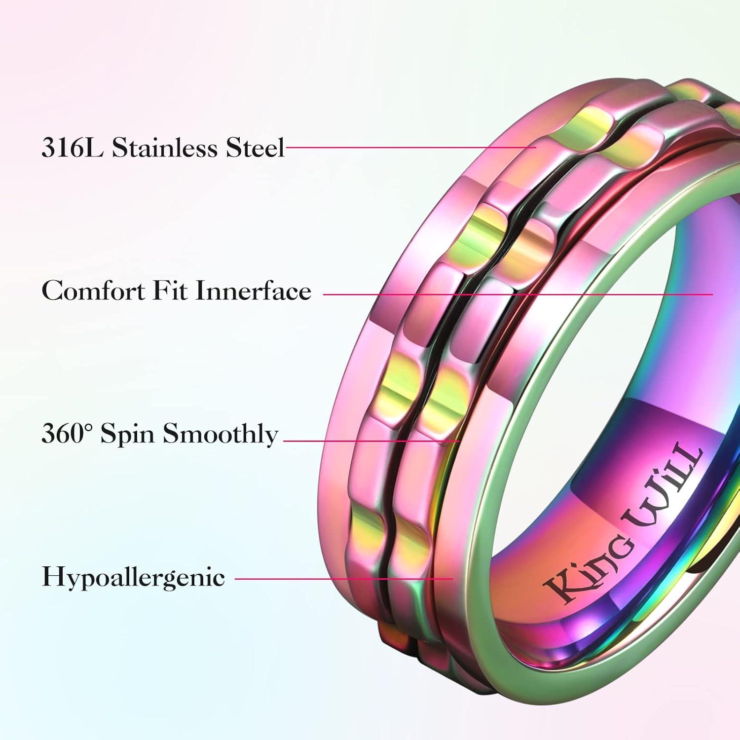 imageKing Will 316L Stainless Steel Spinner Ring for Men8mm Gear Fidget Spinner Ring in Multicolors Anxiety Relief and Stress Free Wedding Band Comfort Fit Size 414PinkRainbow Gear