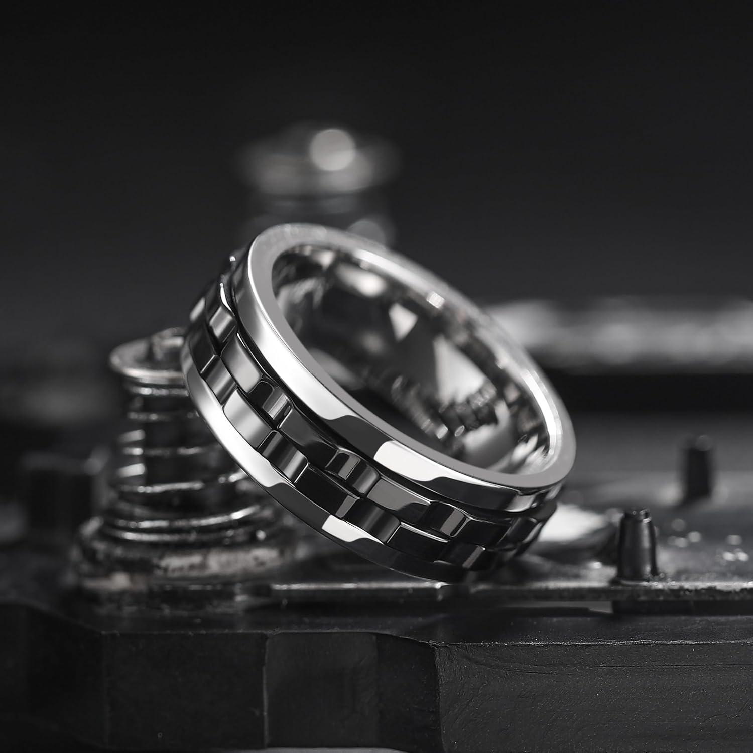 imageKing Will 316L Stainless Steel Spinner Ring for Men8mm Gear Fidget Spinner Ring in Multicolors Anxiety Relief and Stress Free Wedding Band Comfort Fit Size 414SilverBlack Gear