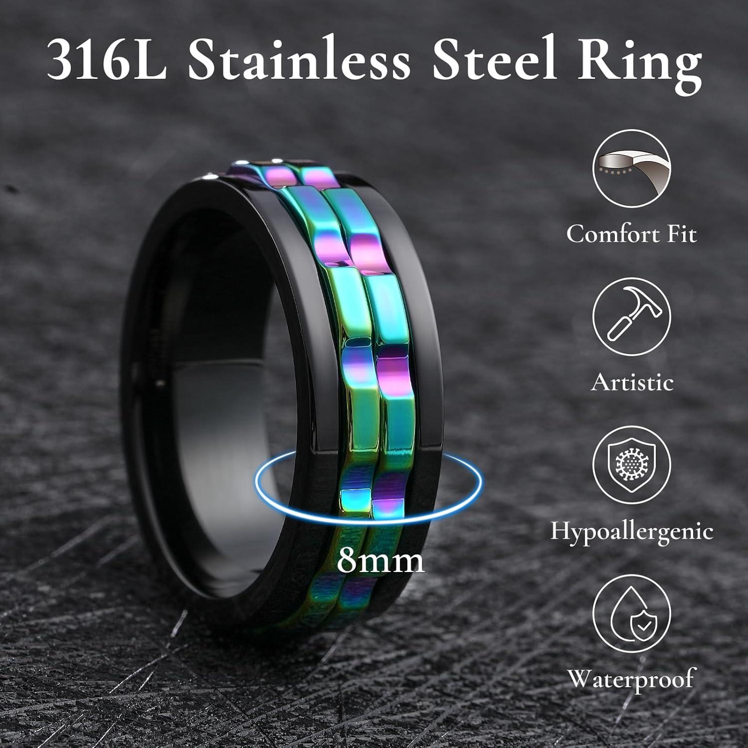 imageKing Will 316L Stainless Steel Spinner Ring for Men8mm Gear Fidget Spinner Ring in Multicolors Anxiety Relief and Stress Free Wedding Band Comfort Fit Size 414BlackRainbow Gear