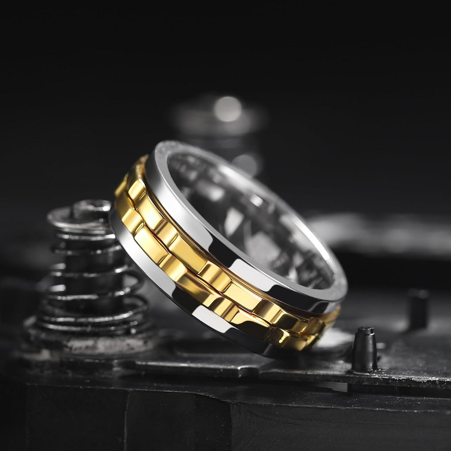 imageKing Will 316L Stainless Steel Spinner Ring for Men8mm Gear Fidget Spinner Ring in Multicolors Anxiety Relief and Stress Free Wedding Band Comfort Fit Size 414SilverGold Gear