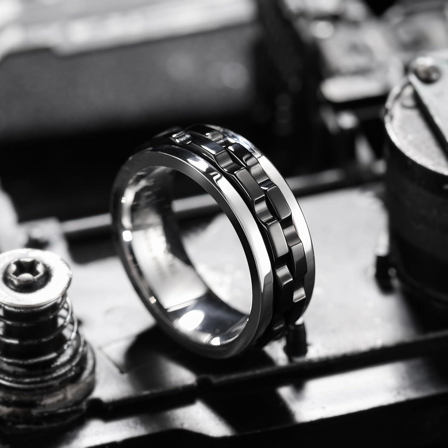 imageKing Will 316L Stainless Steel Spinner Ring for Men8mm Gear Fidget Spinner Ring in Multicolors Anxiety Relief and Stress Free Wedding Band Comfort Fit Size 414SilverBlack Gear