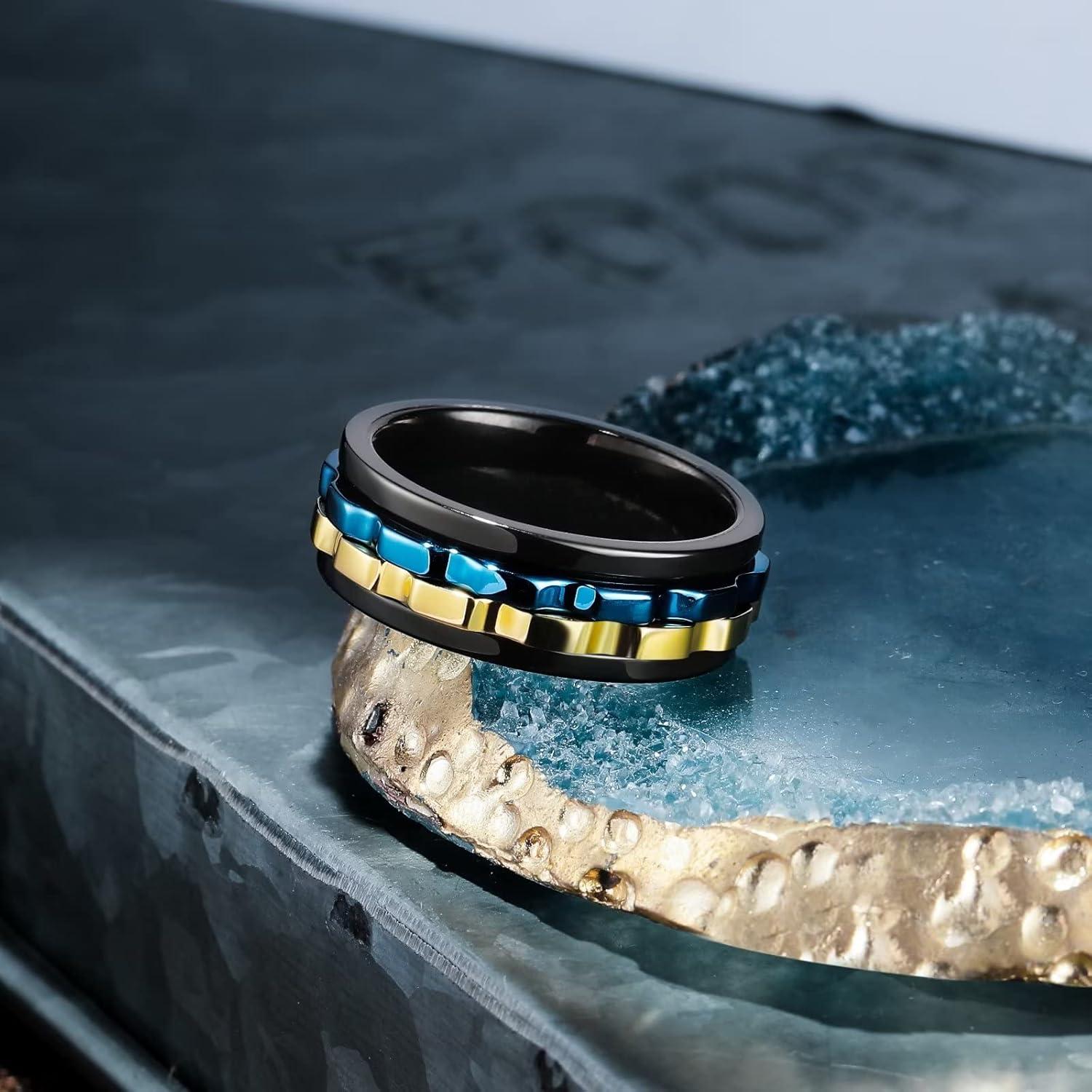 imageKing Will 316L Stainless Steel Spinner Ring for Men8mm Gear Fidget Spinner Ring in Multicolors Anxiety Relief and Stress Free Wedding Band Comfort Fit Size 414BlackGoldBlue Gear