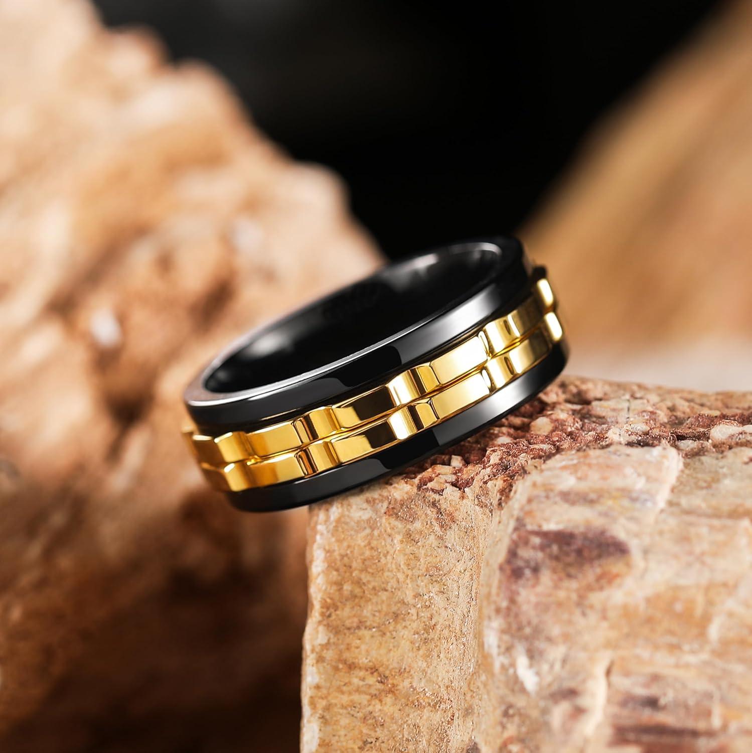 imageKing Will 316L Stainless Steel Spinner Ring for Men8mm Gear Fidget Spinner Ring in Multicolors Anxiety Relief and Stress Free Wedding Band Comfort Fit Size 414BlackGold Gear
