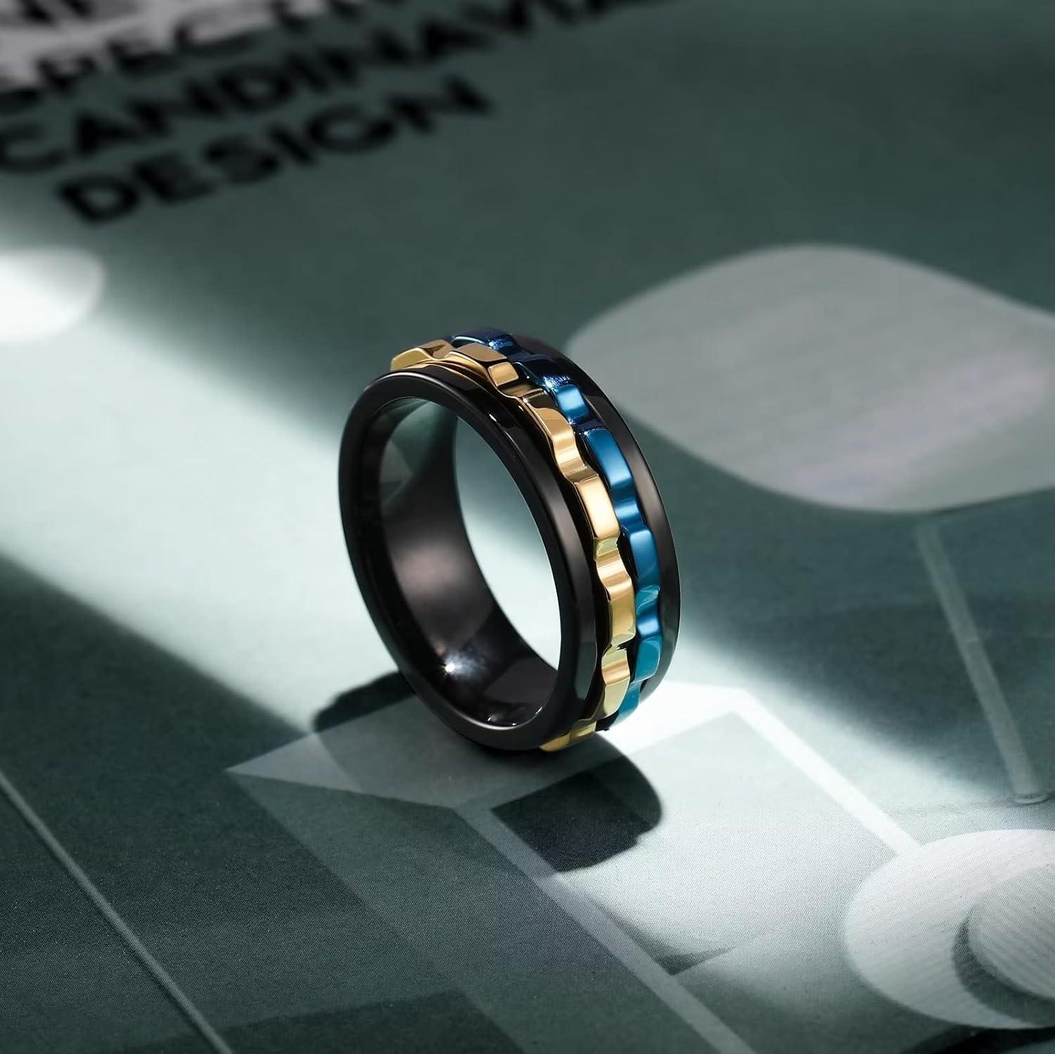imageKing Will 316L Stainless Steel Spinner Ring for Men8mm Gear Fidget Spinner Ring in Multicolors Anxiety Relief and Stress Free Wedding Band Comfort Fit Size 414BlackGoldBlue Gear