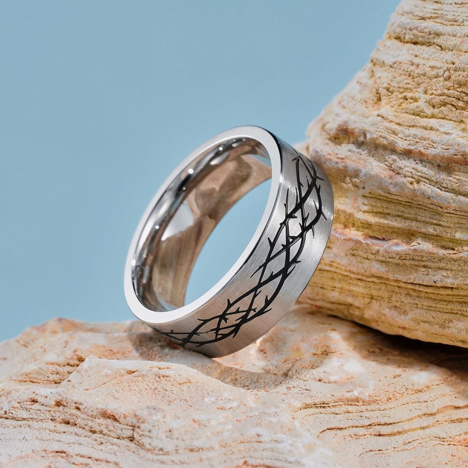 imageKing Will 316L Stainless Steel Wedding Band for Men Women Celtic Knots and Nature Style Design Wedding Ring in Multicolor Available Comfort Fit Size 714ThornsSliver