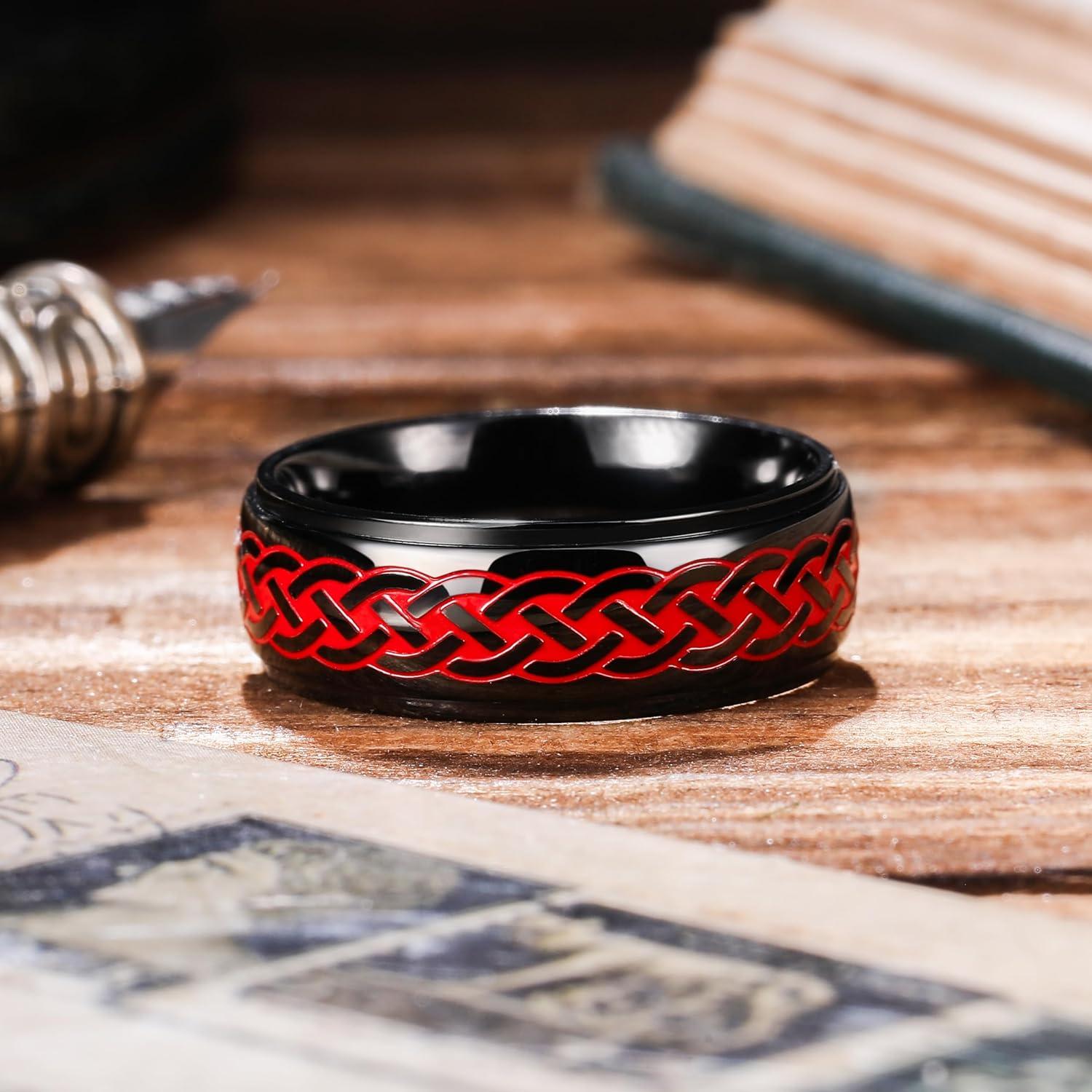 imageKing Will 316L Stainless Steel Wedding Band for Men Women Celtic Knots and Nature Style Design Wedding Ring in Multicolor Available Comfort Fit Size 714Celtic KnotsRed