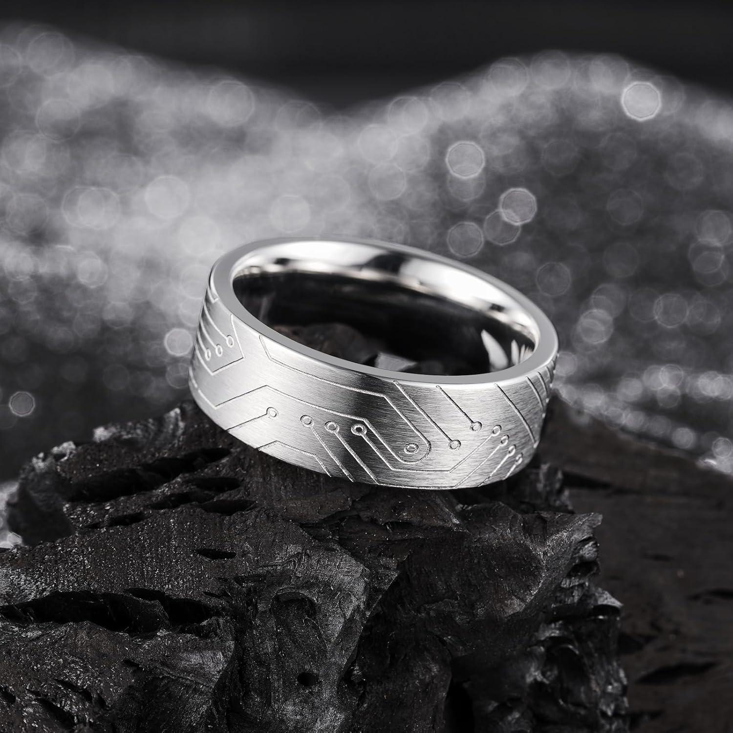 imageKing Will 316L Stainless Steel Wedding Band for Men Women Celtic Knots and Nature Style Design Wedding Ring in Multicolor Available Comfort Fit Size 714SliverCircuit Pattern