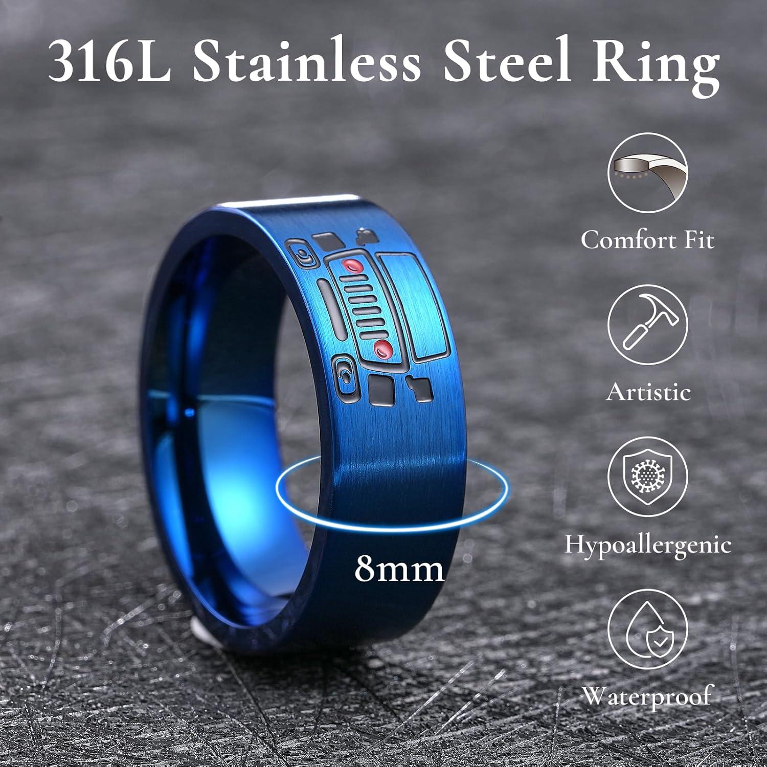 imageKing Will 316L Stainless Steel Wedding Band for Men8mm SteelBlue Wedding Ring Polished with Music StaffMusical NoteCar DesignComfort Fit for Everyday Wear Size 712Blue