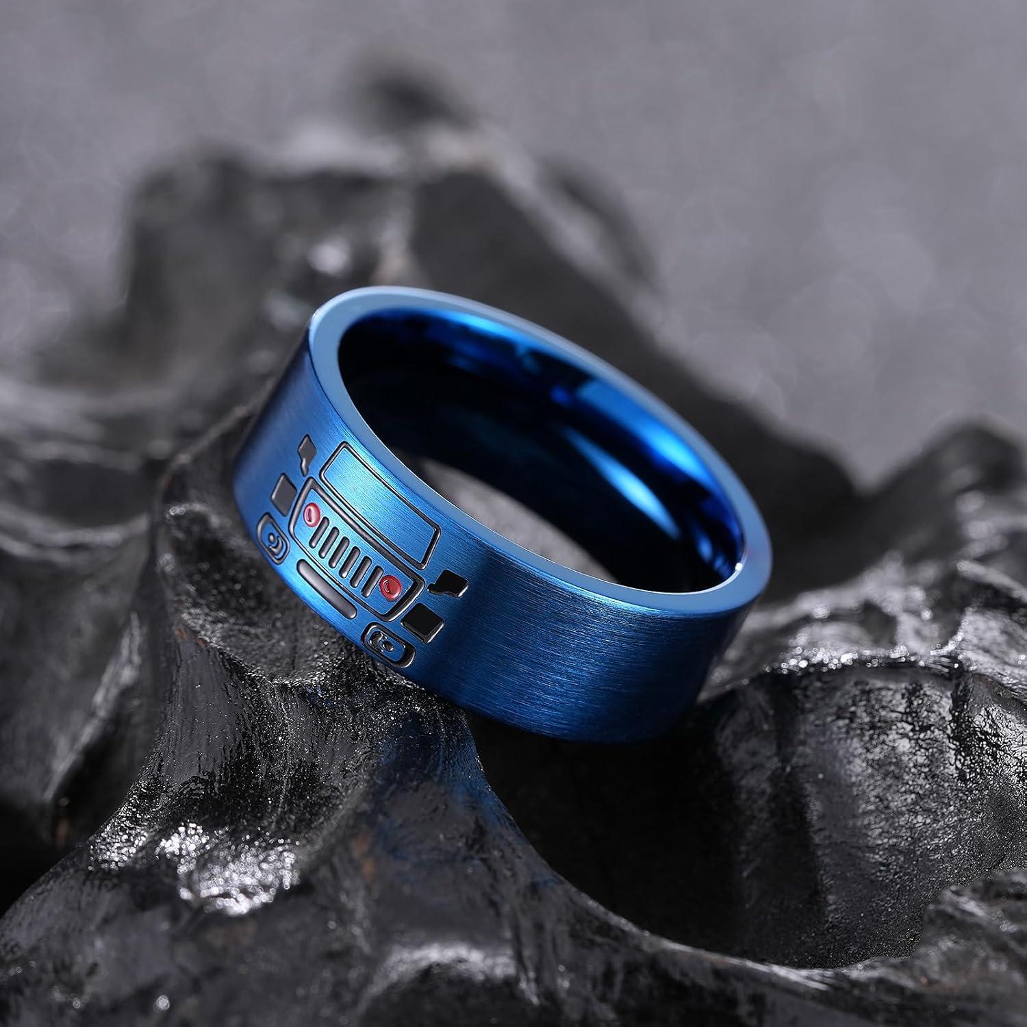 imageKing Will 316L Stainless Steel Wedding Band for Men8mm SteelBlue Wedding Ring Polished with Music StaffMusical NoteCar DesignComfort Fit for Everyday Wear Size 712Blue