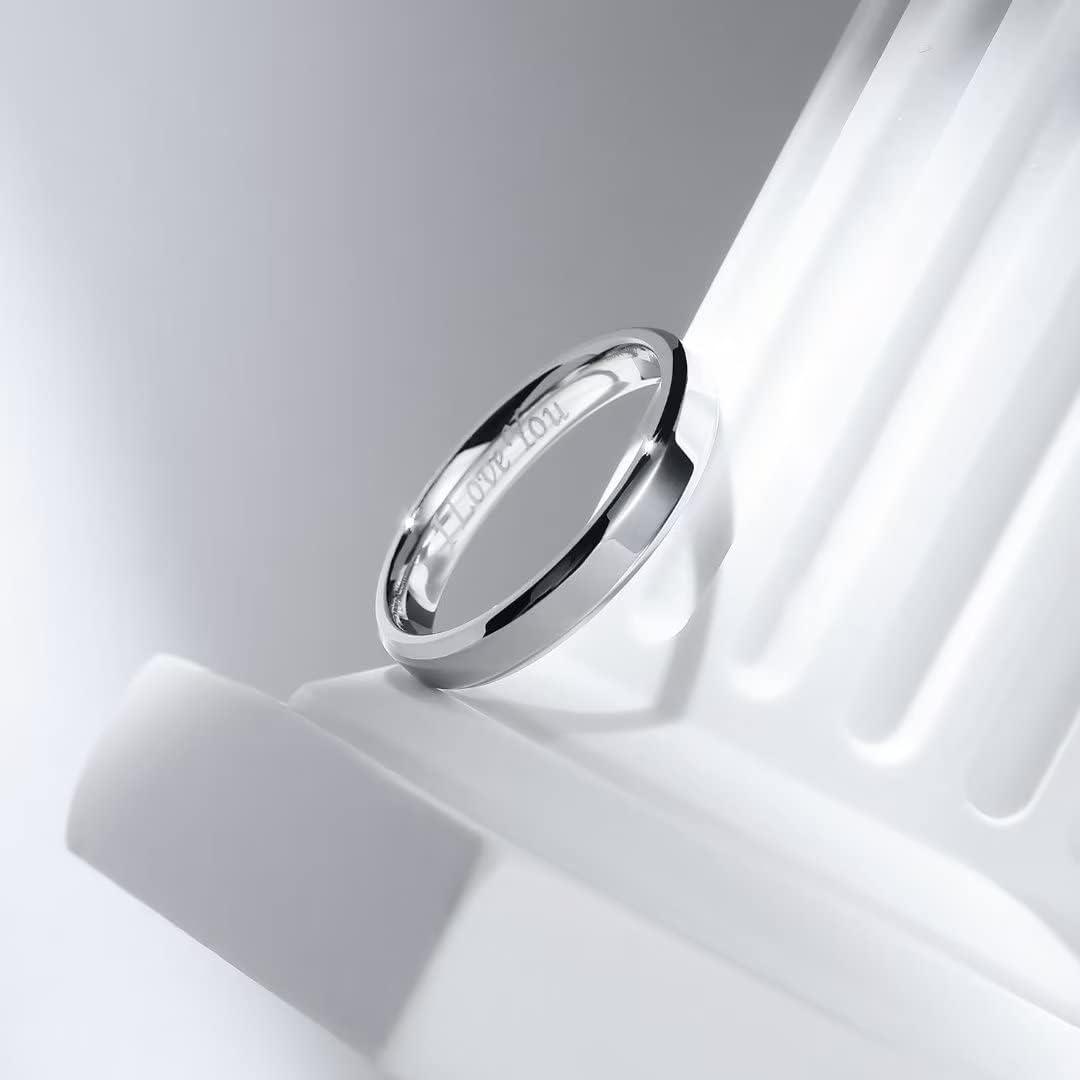 imageKing Will 4mm Stainless Steel Ring Polished Plain Beveled Edge Wedding Band Laser Etched I Love You 6