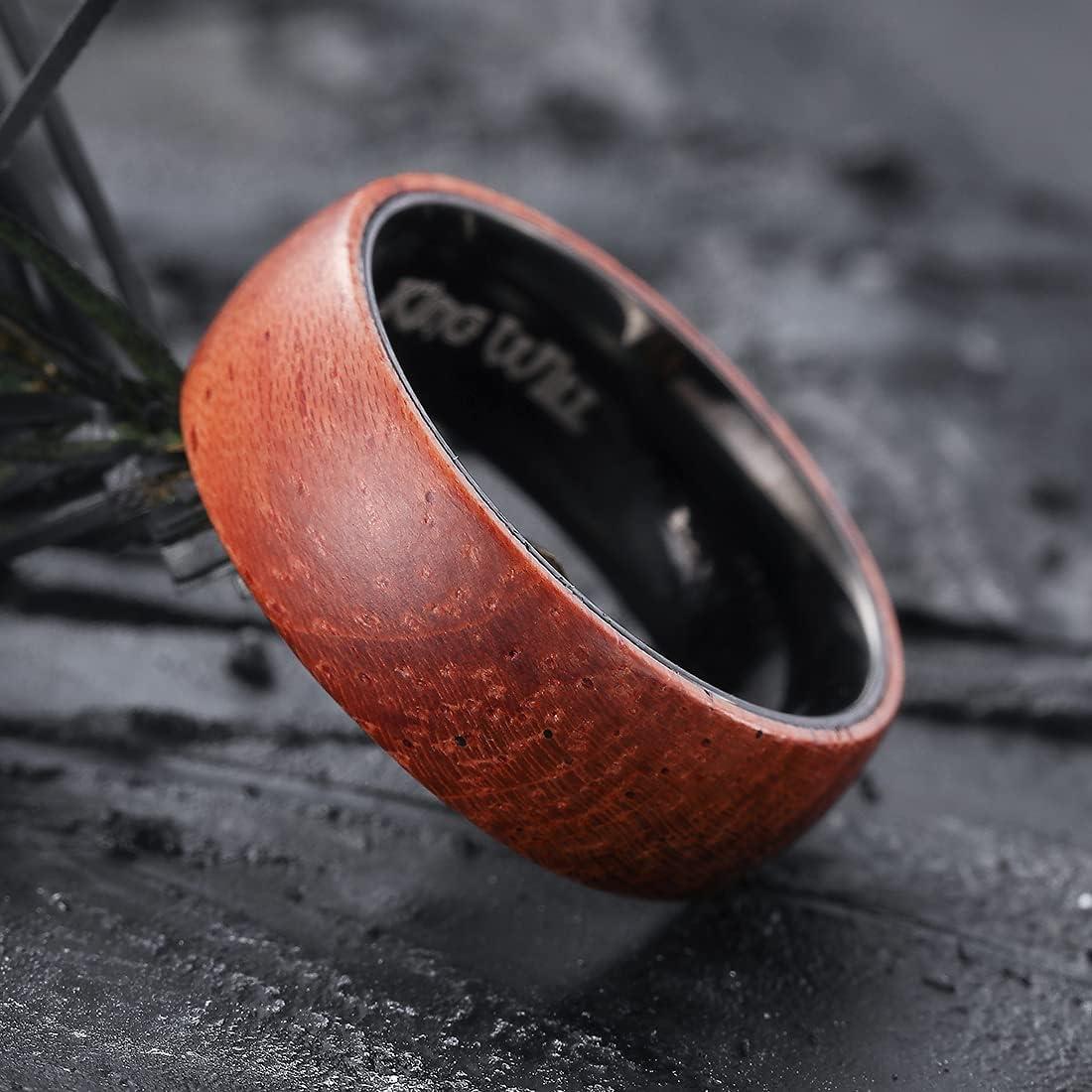 imageKing Will 68mm Wedding Band for Men SilverBlack Hammered Titanium Wedding Ring Inlaid Wood Inner Hole Wedding Band for Men Matte Brushed Comfort Fit 714B8mm