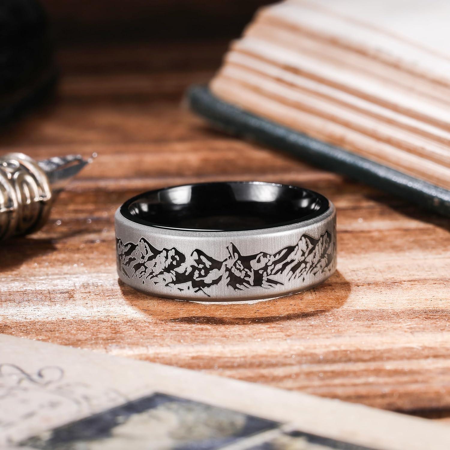 imageKing Will 68mm Wedding Band for Men SilverBlack Hammered Titanium Wedding Ring Inlaid Wood Inner Hole Wedding Band for Men Matte Brushed Comfort Fit 714ESilver Mountain 8mm