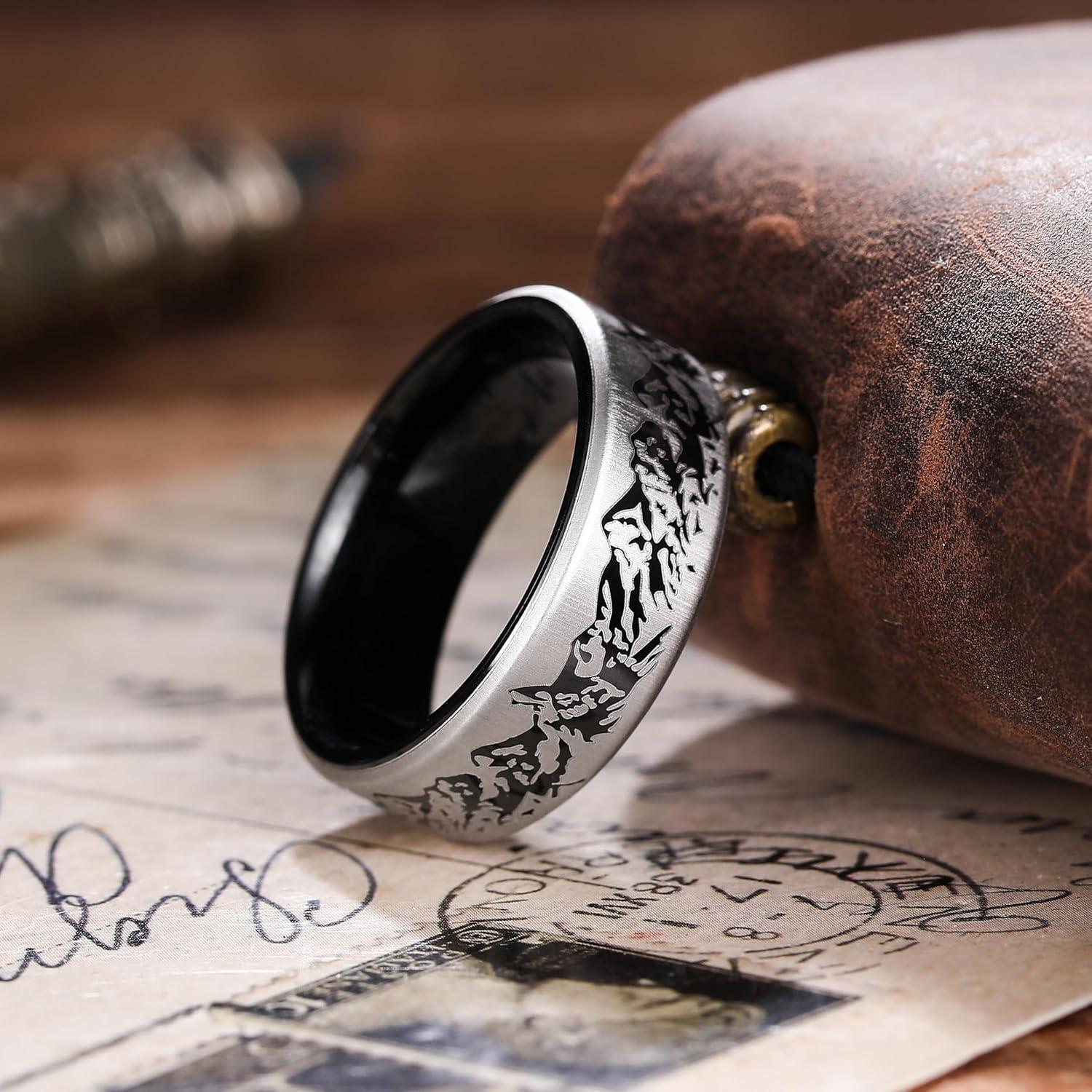 imageKing Will 68mm Wedding Band for Men SilverBlack Hammered Titanium Wedding Ring Inlaid Wood Inner Hole Wedding Band for Men Matte Brushed Comfort Fit 714ESilver Mountain 8mm