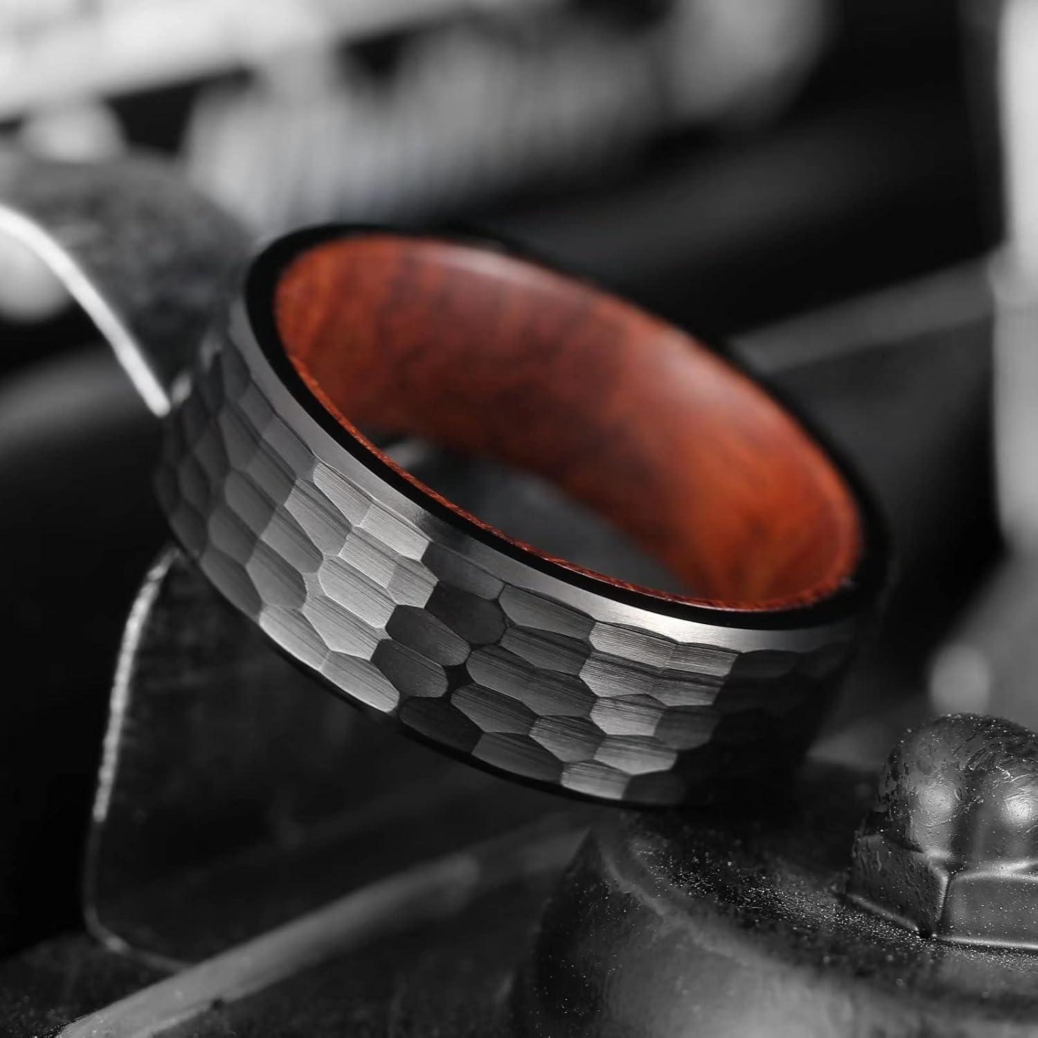 imageKing Will 68mm Wedding Band for Men SilverBlack Hammered Titanium Wedding Ring Inlaid Wood Inner Hole Wedding Band for Men Matte Brushed Comfort Fit 714DBlack