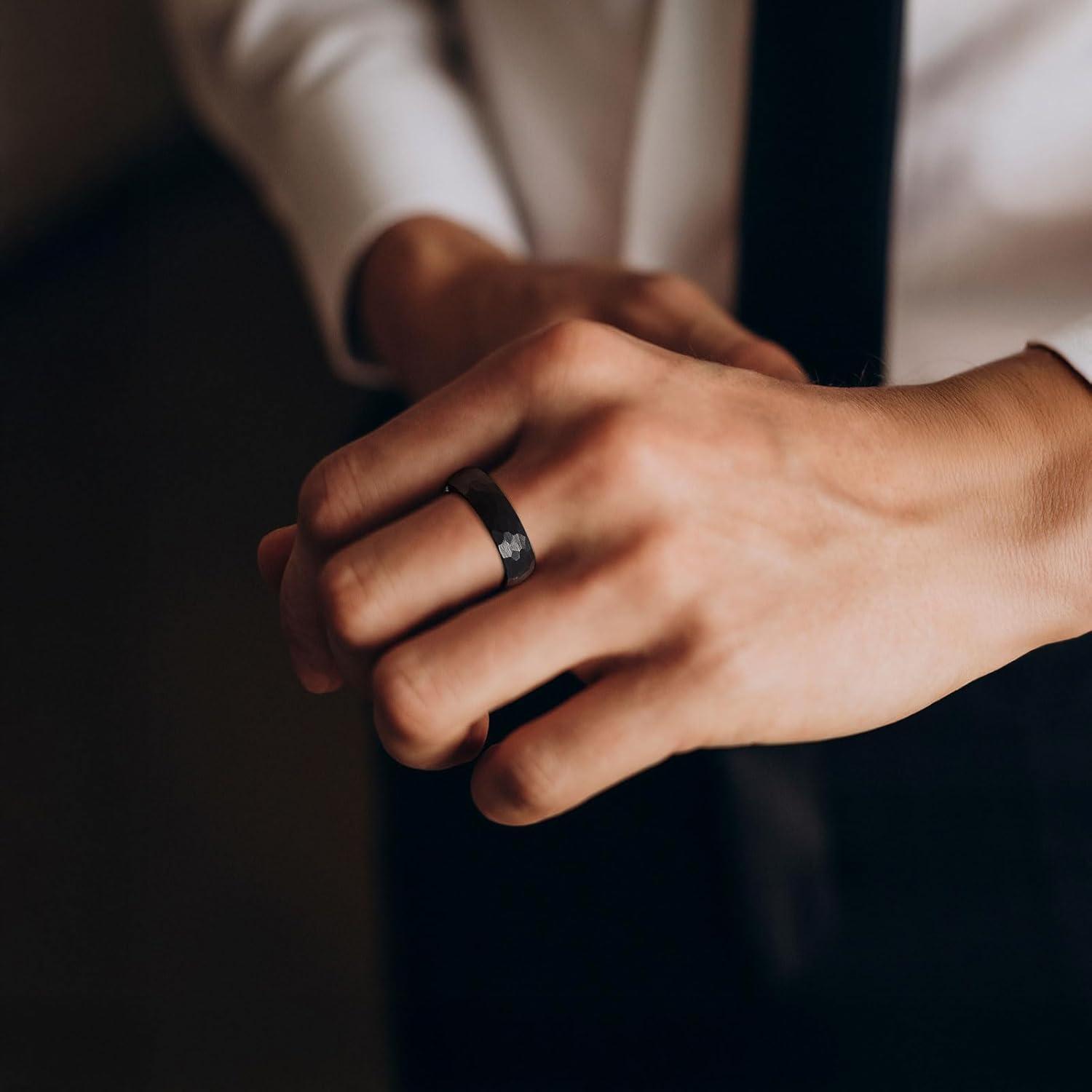 imageKing Will 6mm 8mm Mens Tungsten Carbide Wedding Ring Hammered Groove Wedding Band Mens Two Tone BlackSilverGoldBrown Engagement Ring for Men and Women Matte Brushed Finish Comfort Fit Size 6146mm black