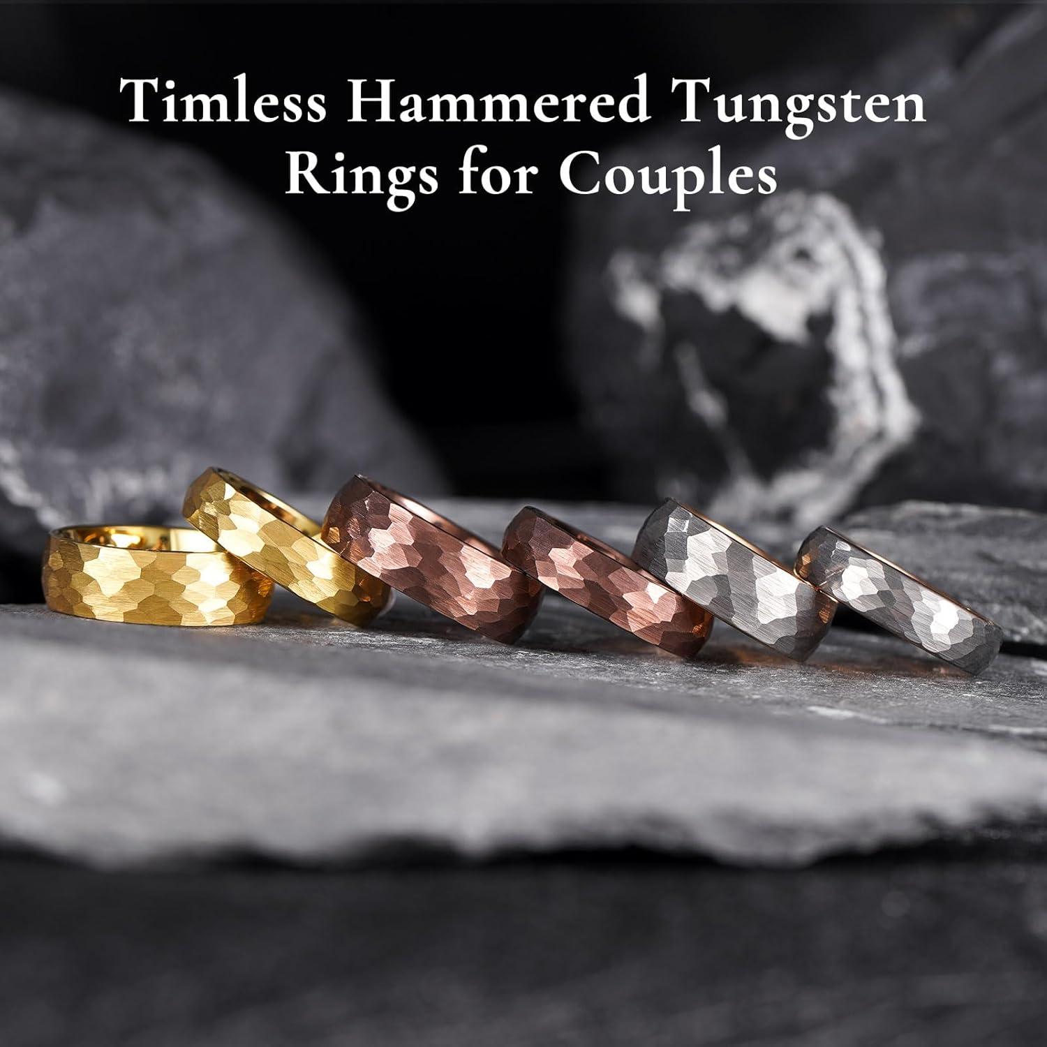 imageKing Will 6mm 8mm Mens Tungsten Carbide Wedding Ring Hammered Groove Wedding Band Mens Two Tone BlackSilverGoldBrown Engagement Ring for Men and Women Matte Brushed Finish Comfort Fit Size 614Gold 8mm