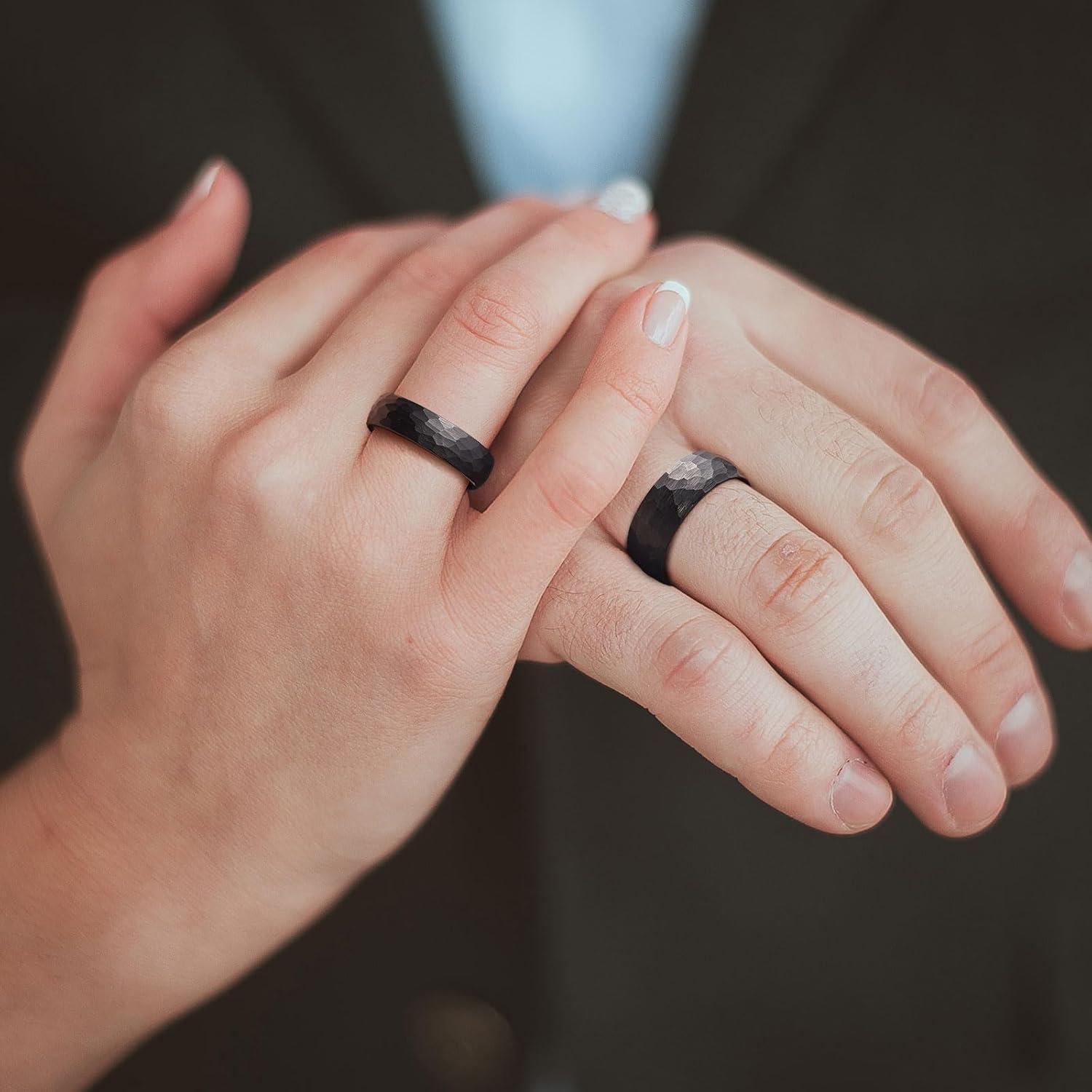 imageKing Will 6mm 8mm Mens Tungsten Carbide Wedding Ring Hammered Groove Wedding Band Mens Two Tone BlackSilverGoldBrown Engagement Ring for Men and Women Matte Brushed Finish Comfort Fit Size 6146mm black